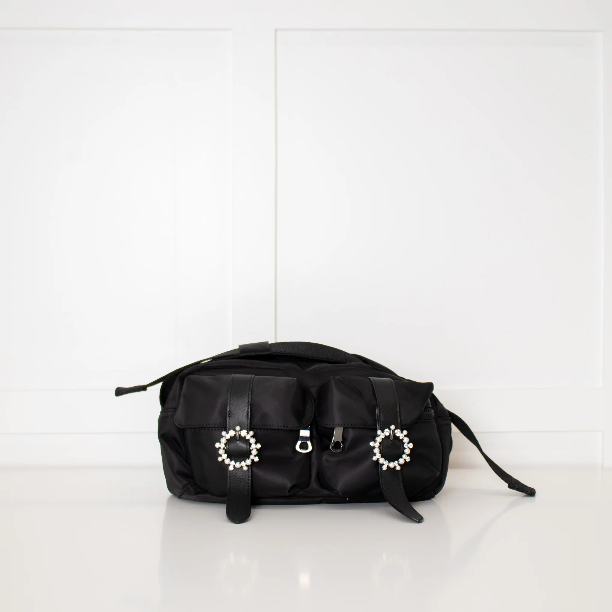 Simone Rocha Black Nylon Bag with Crystal & Pearl Buckles