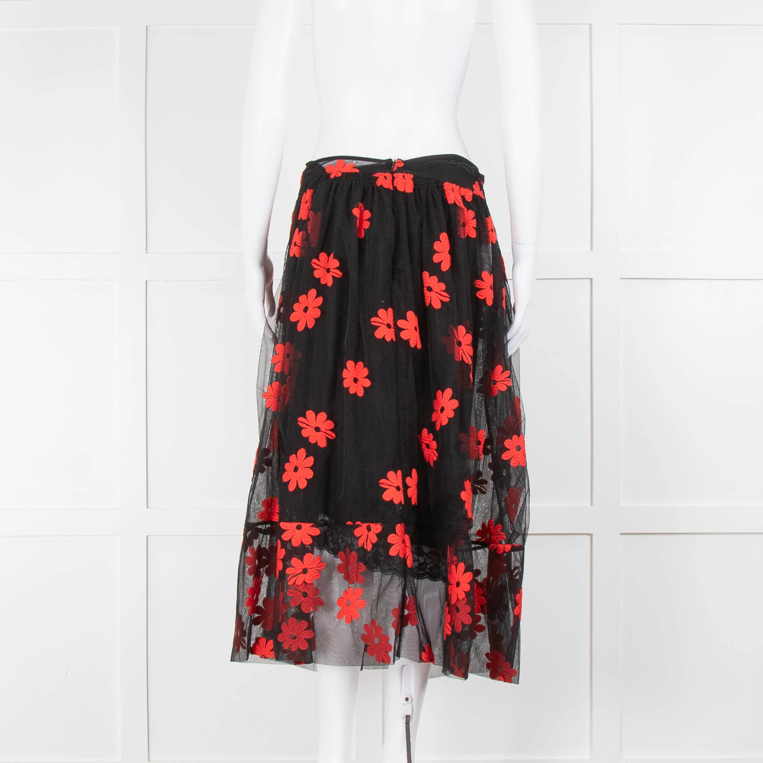 Simone Rocha Black Red Flower Embroidered Tulle Midi Skirt - Image 3