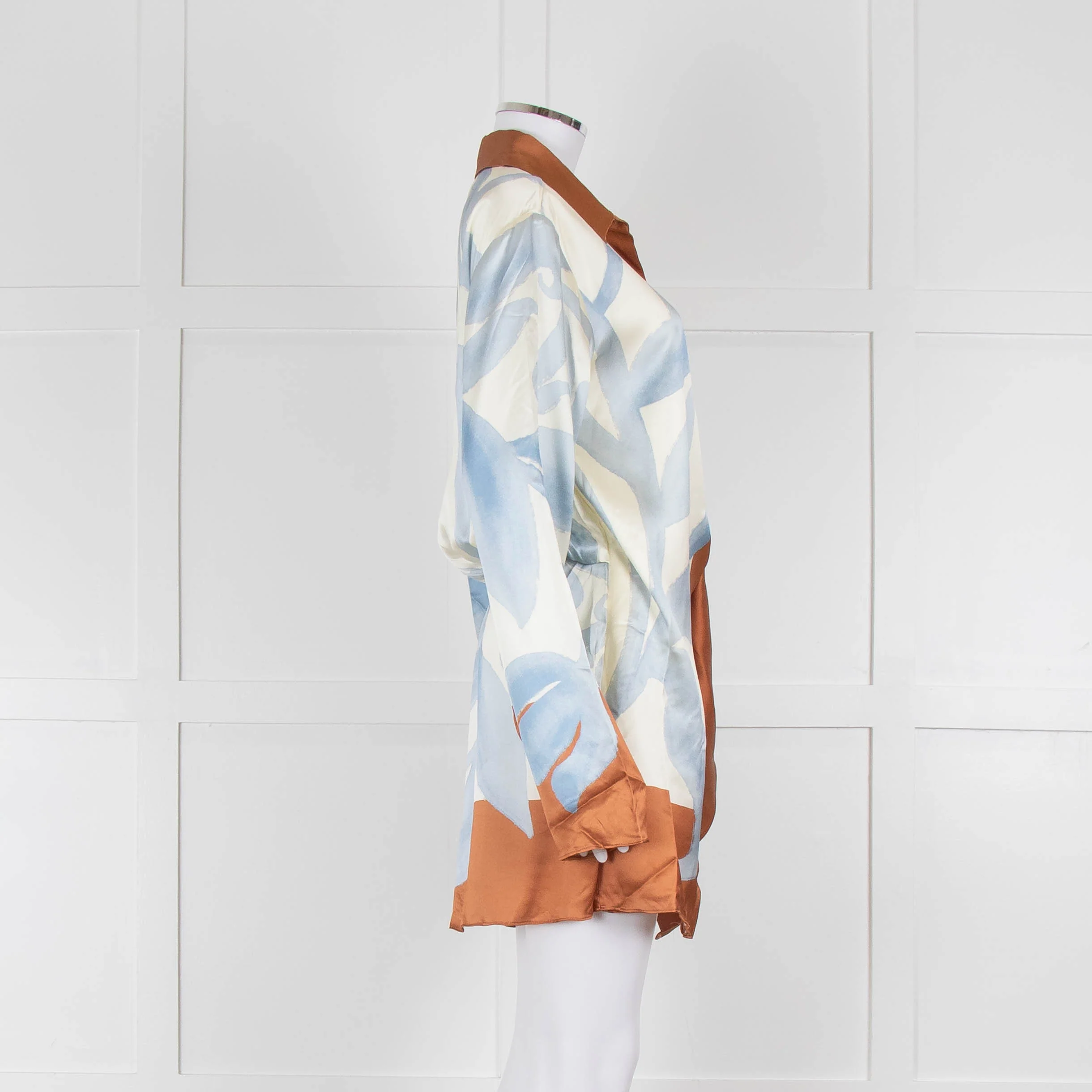SIR Cream and Blue Abstract Print Wrap Mini Dress with Brown Tie - Image 3