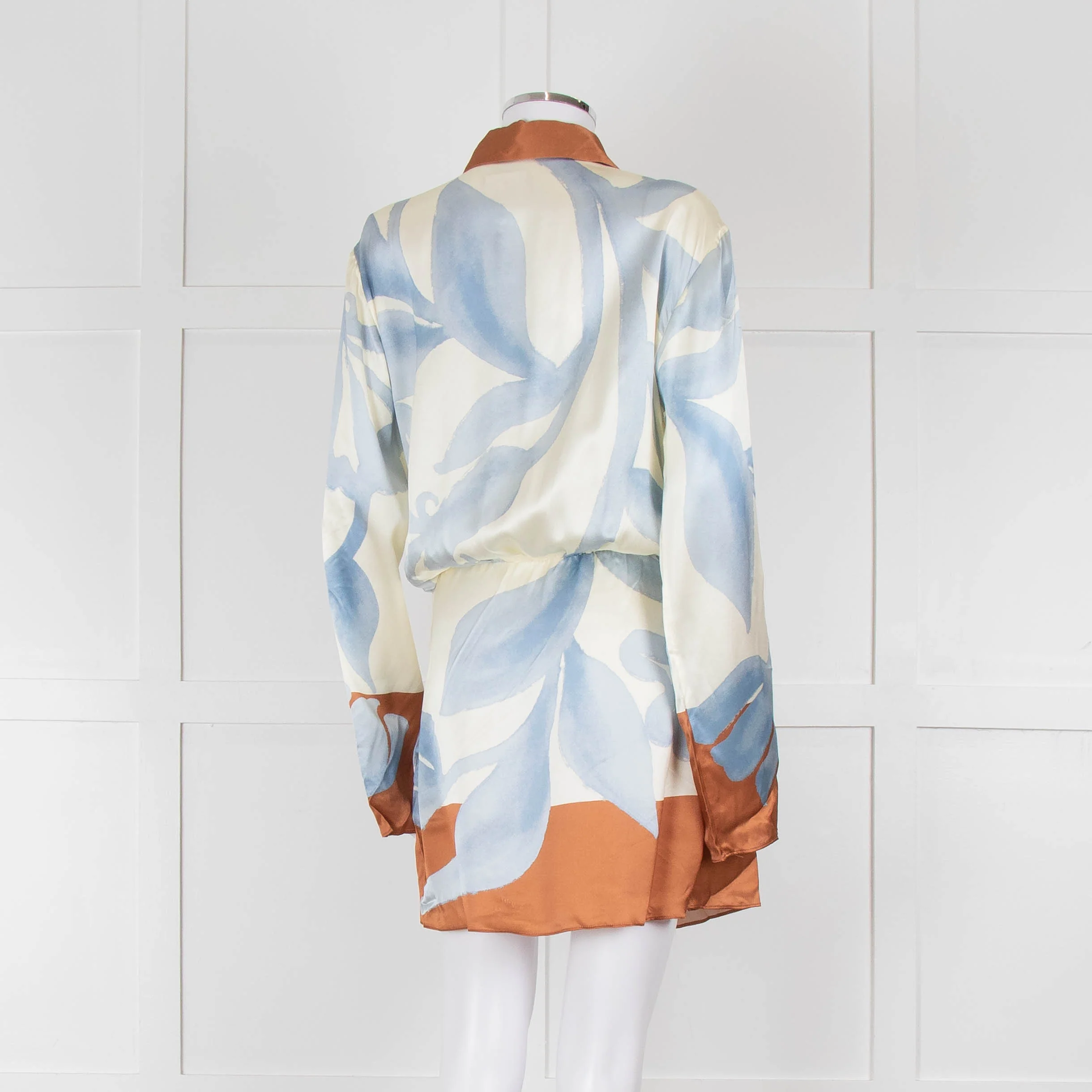 SIR Cream and Blue Abstract Print Wrap Mini Dress with Brown Tie - Image 4