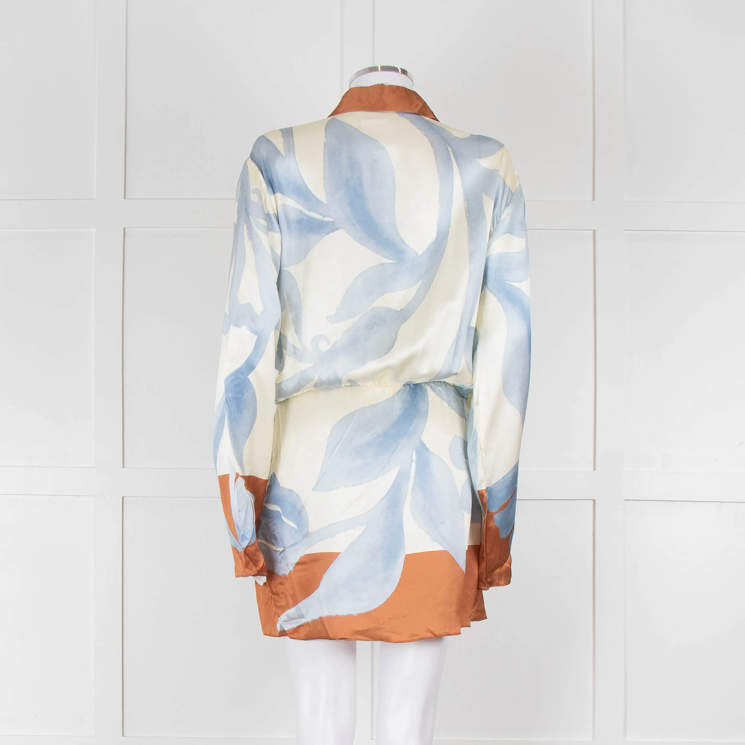 SIR Cream and Blue Abstract Print Wrap Mini Dress with Brown Tie - Image 5