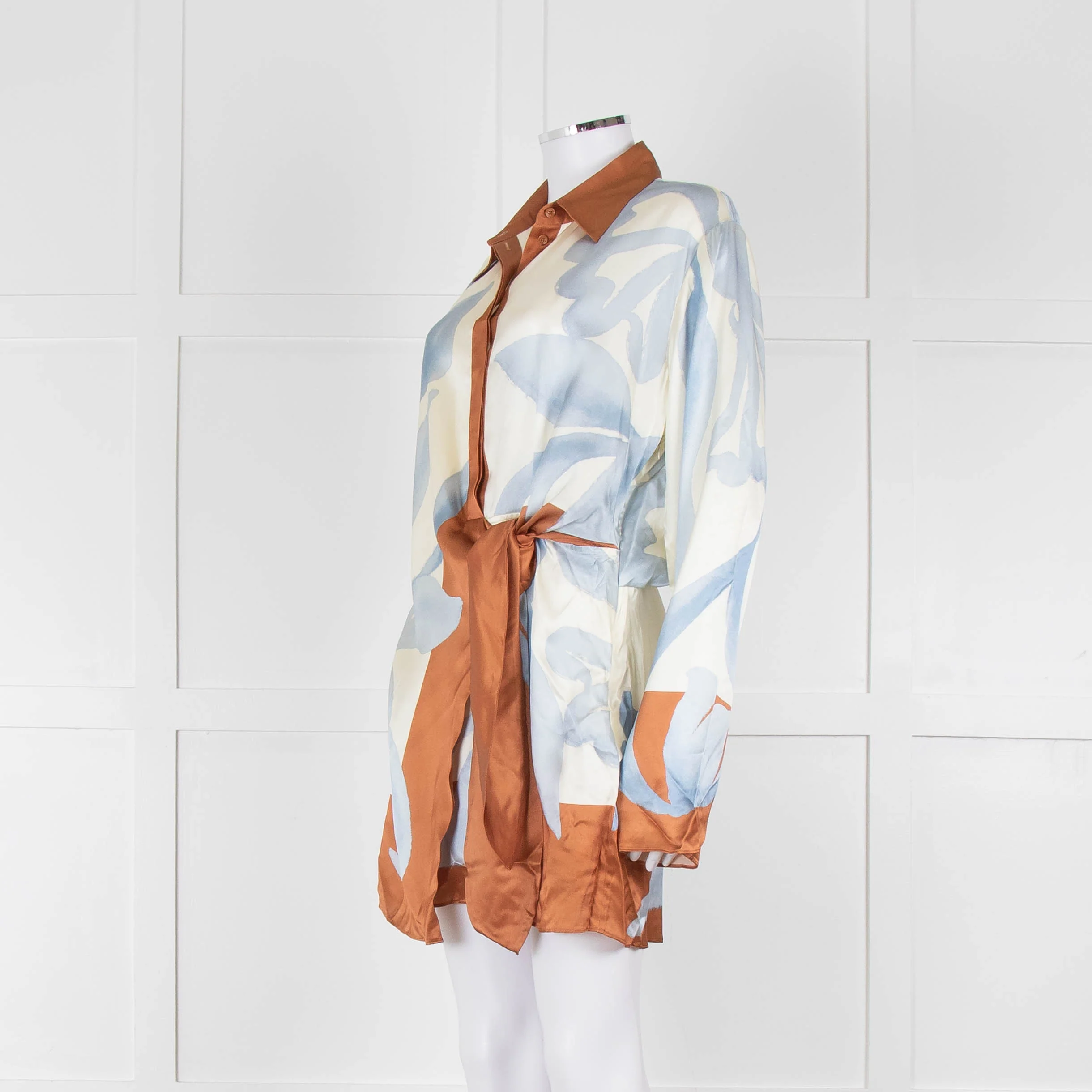 SIR Cream and Blue Abstract Print Wrap Mini Dress with Brown Tie - Image 7