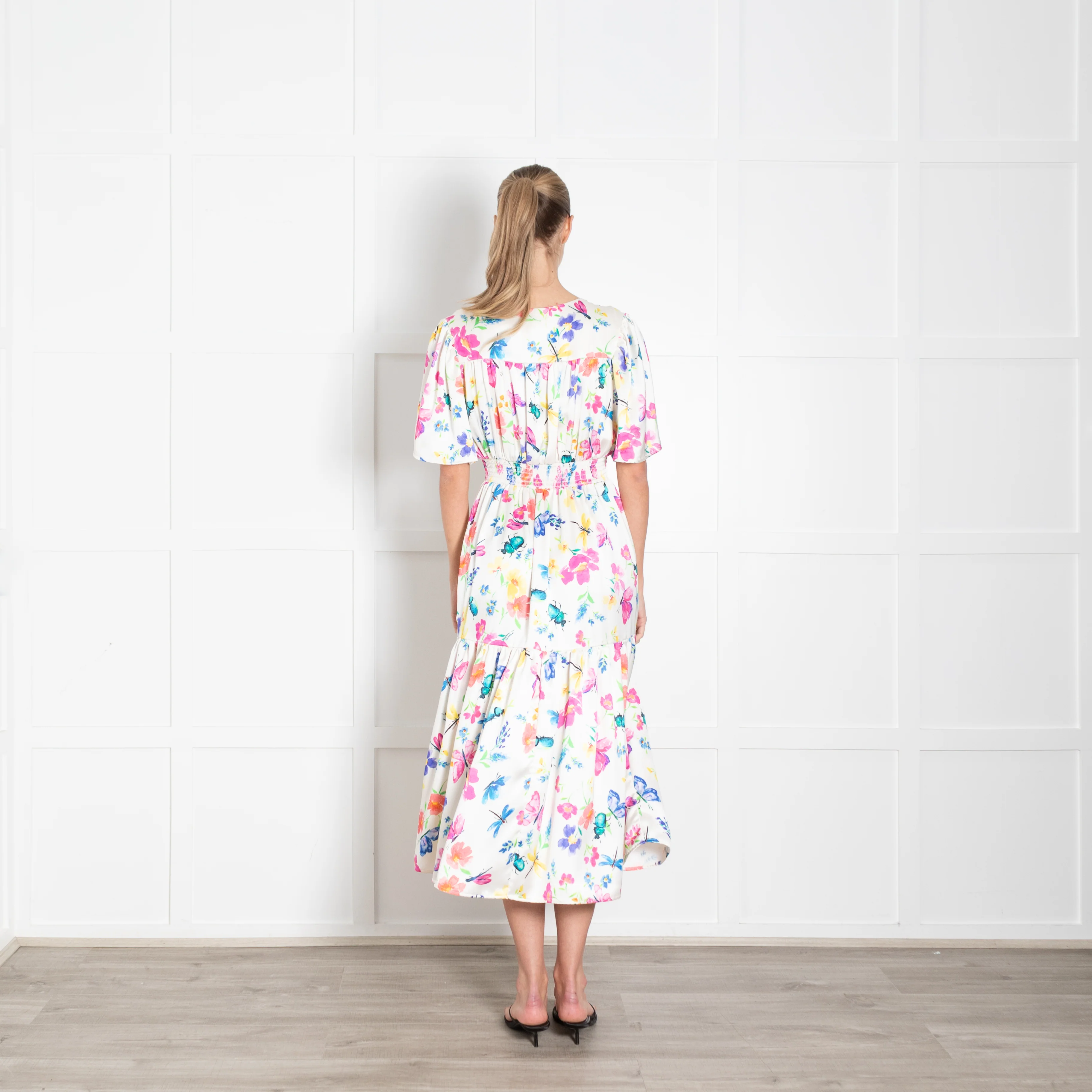 Sirens White Silk Flared Sleeve Floral Imelda Dress - Image 5