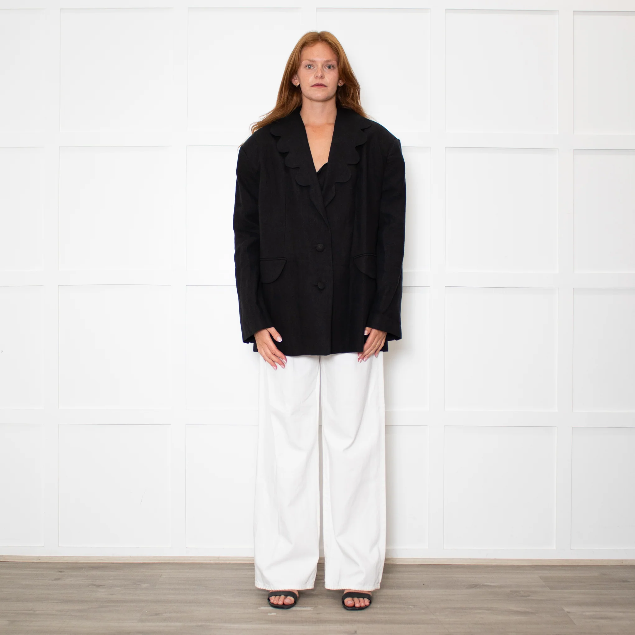 Sleeper Black Linen Scalloped Collar Blazer