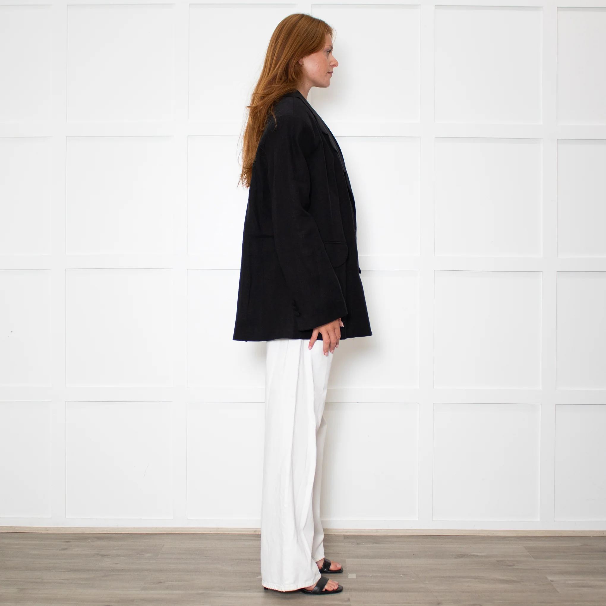 Sleeper Black Linen Scalloped Collar Blazer - Image 6
