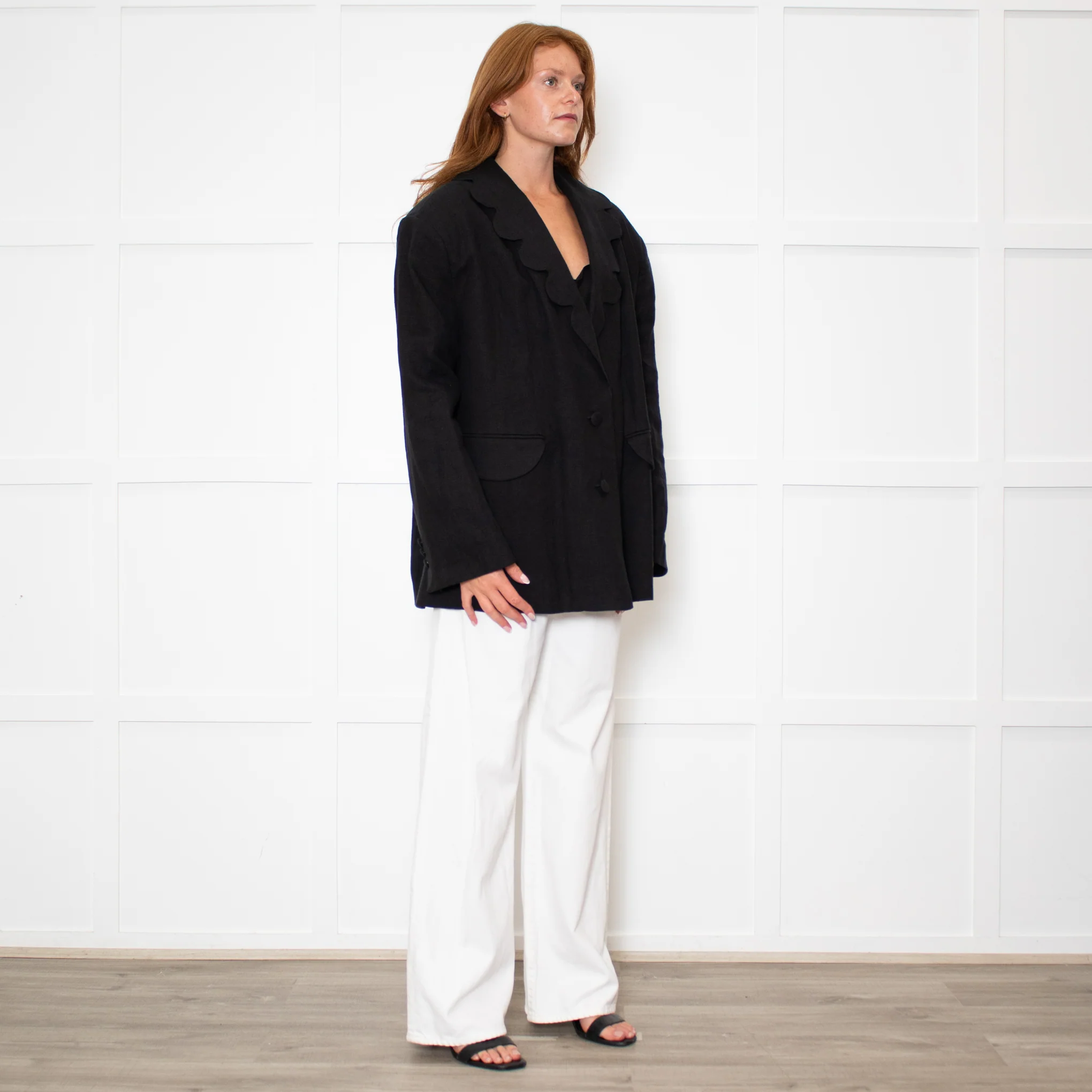 Sleeper Black Linen Scalloped Collar Blazer - Image 7