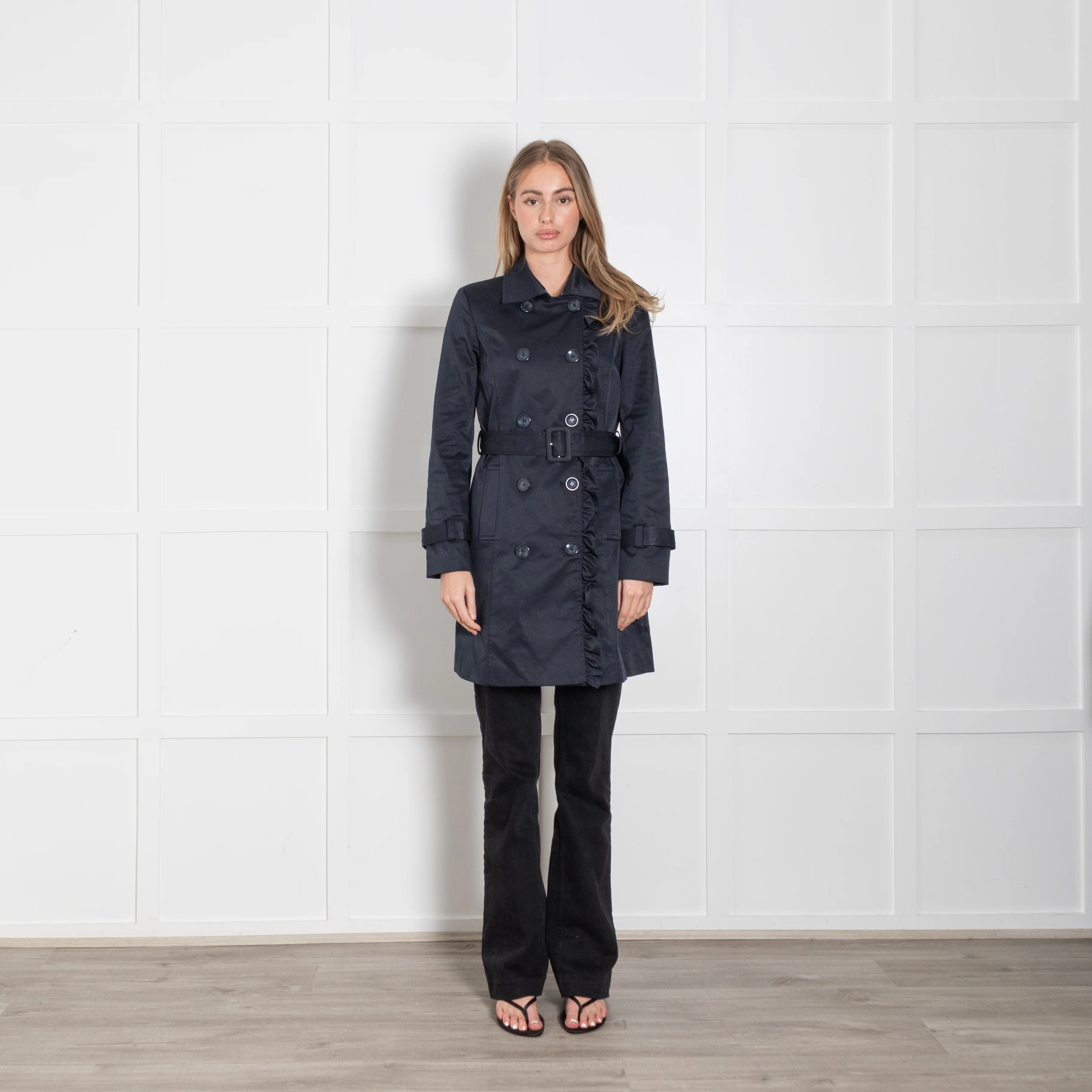Soaked In Luxury Navy Frill Detail Belted Trench Coat