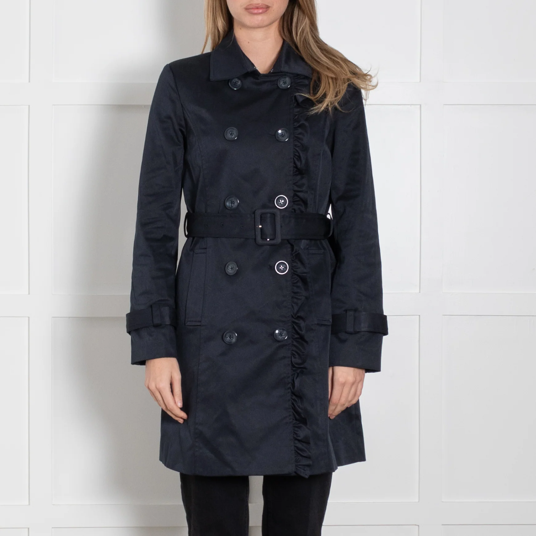 Soaked In Luxury Navy Frill Detail Belted Trench Coat - Image 2