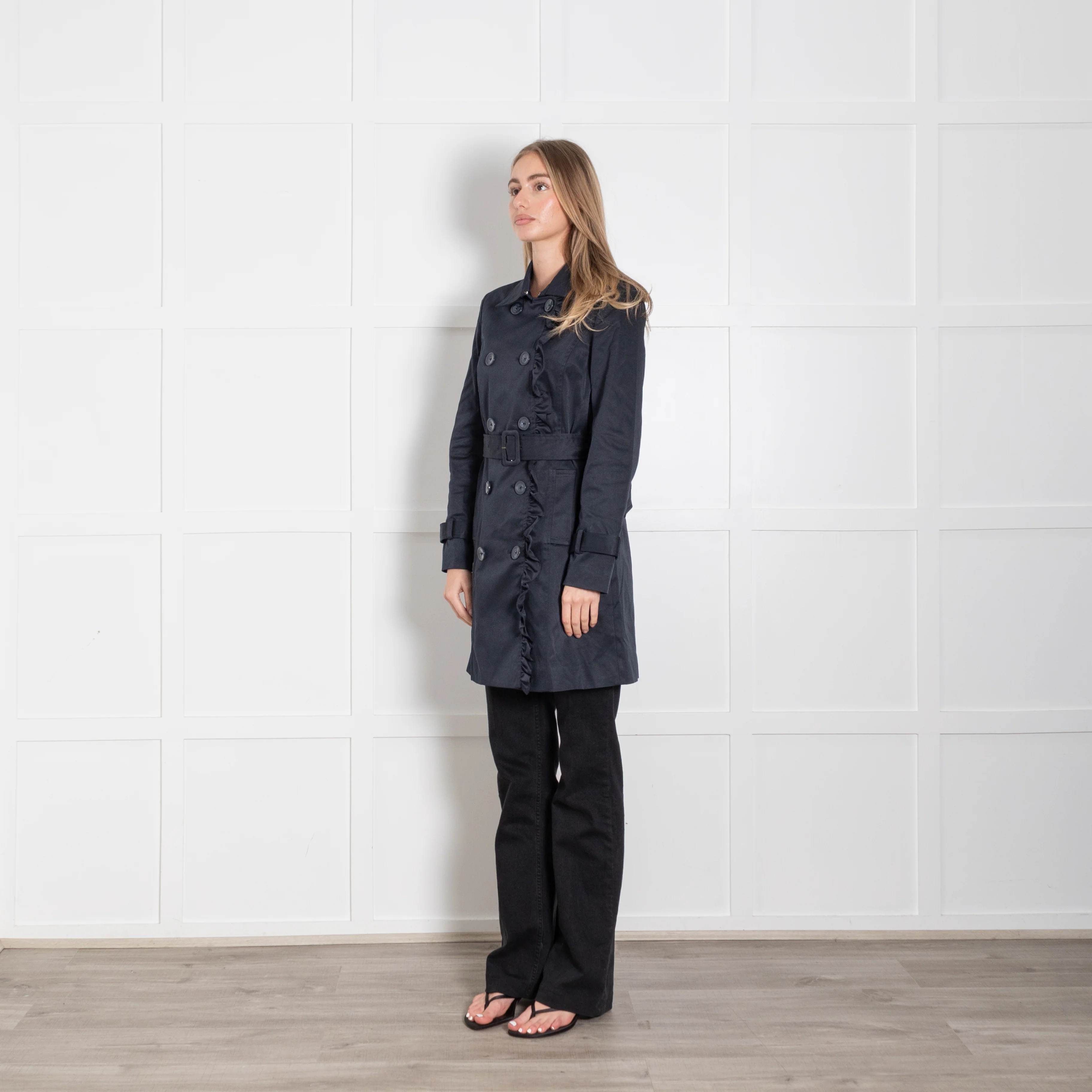Soaked In Luxury Navy Frill Detail Belted Trench Coat - Image 3