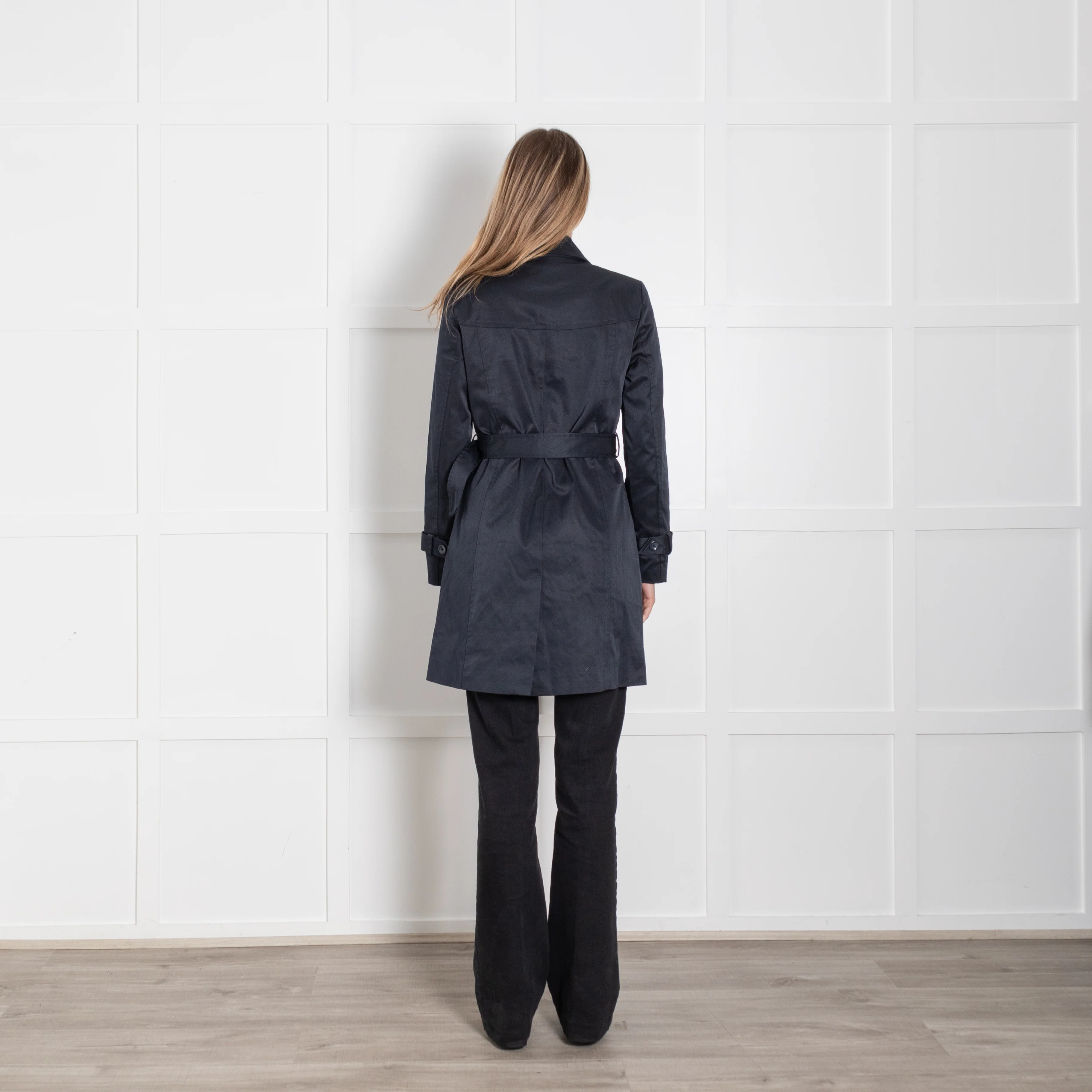 Soaked In Luxury Navy Frill Detail Belted Trench Coat - Image 5