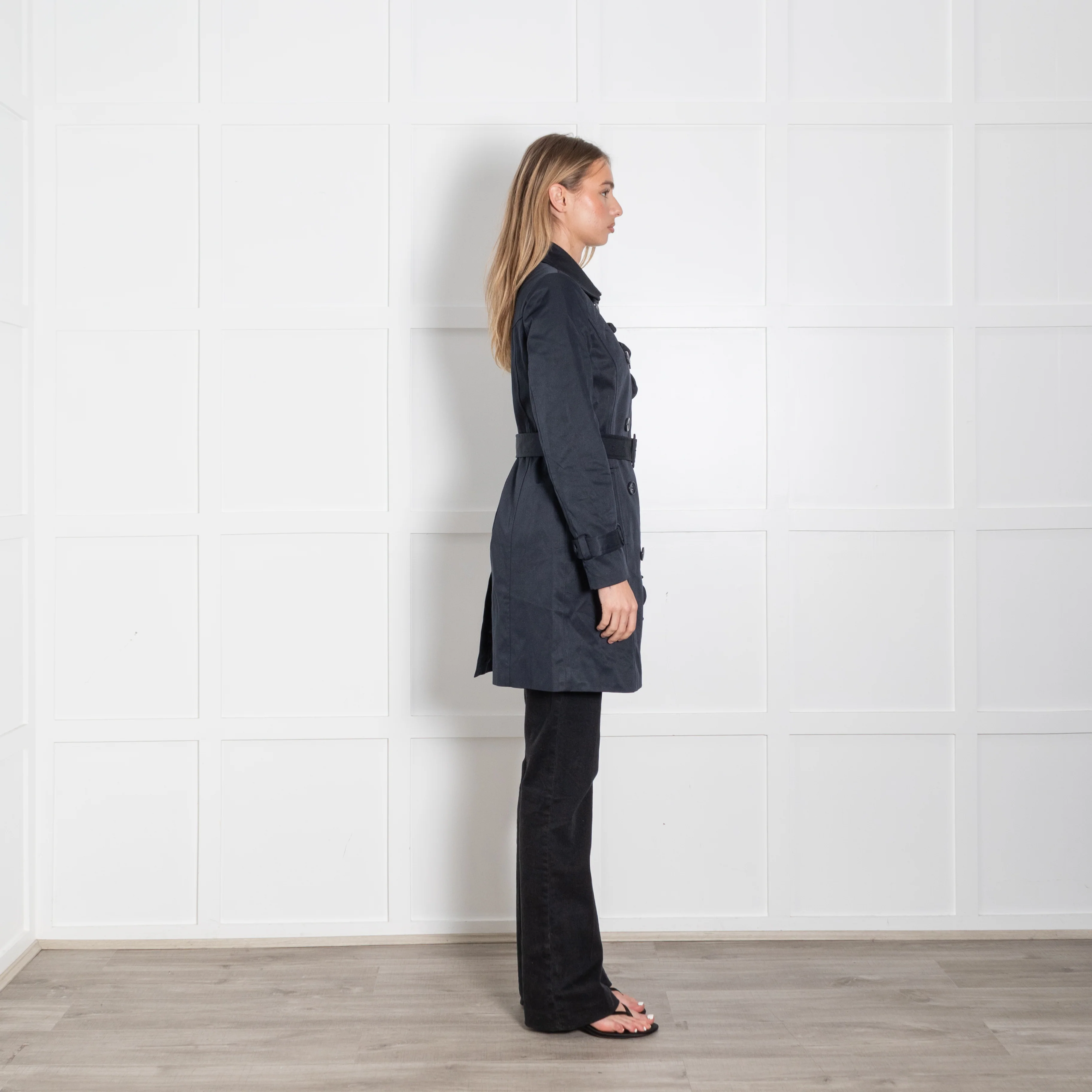 Soaked In Luxury Navy Frill Detail Belted Trench Coat - Image 6
