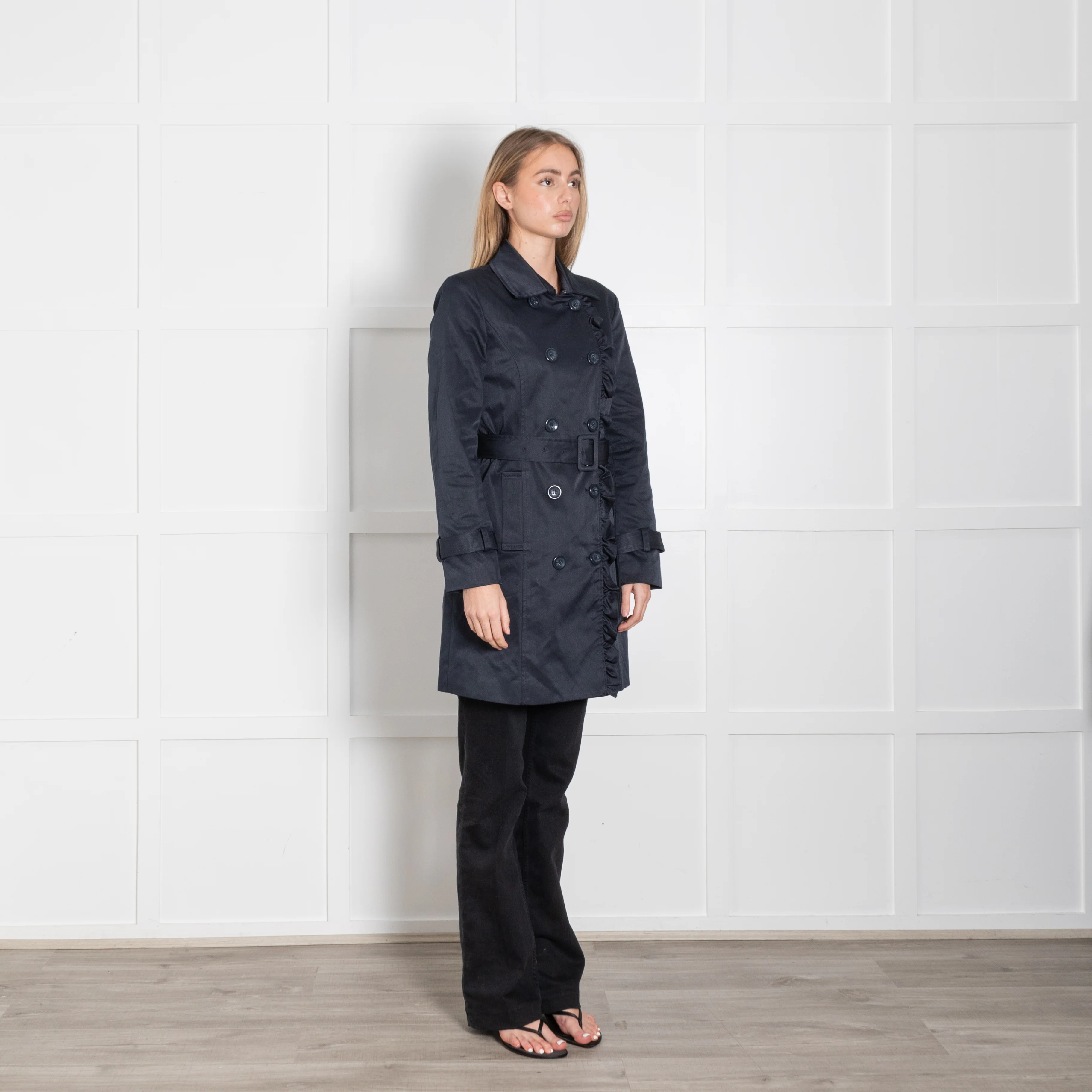 Soaked In Luxury Navy Frill Detail Belted Trench Coat - Image 7