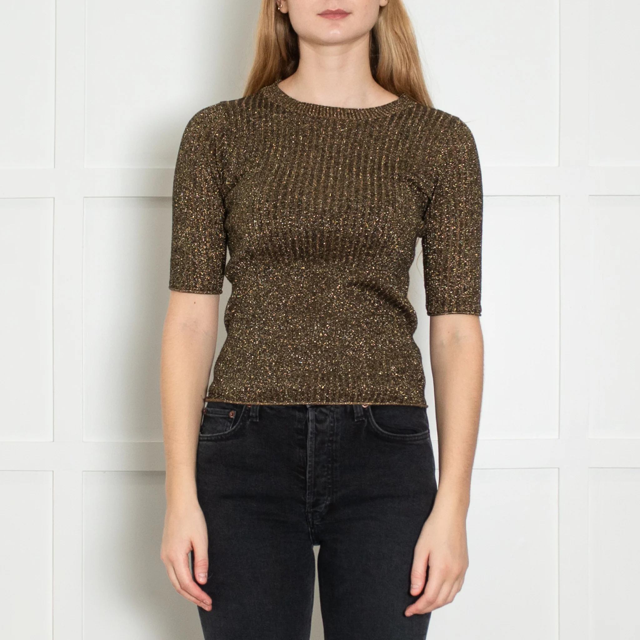 Soeur Brown Gold Lurex Short Sleeved Rib Jumper - Image 2