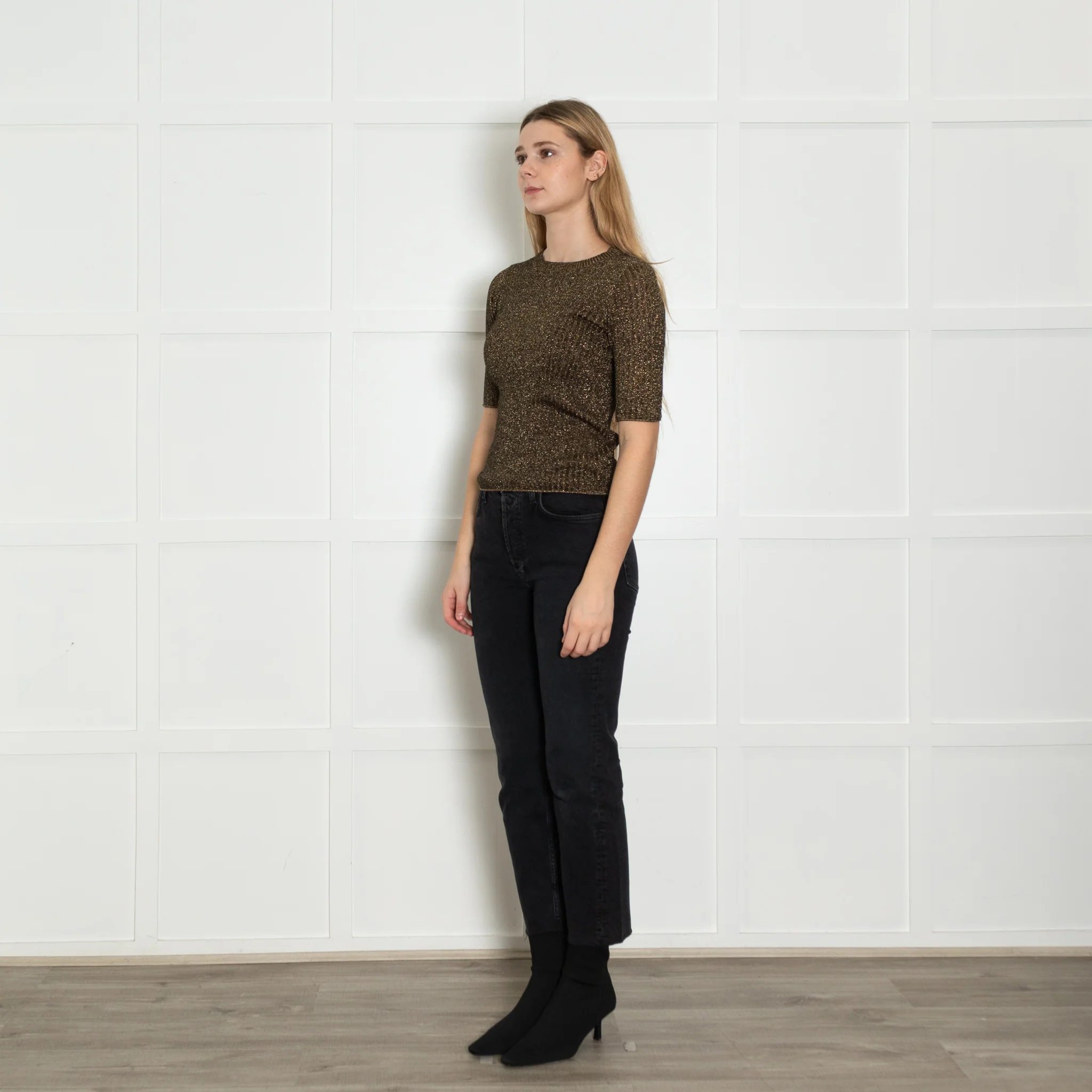Soeur Brown Gold Lurex Short Sleeved Rib Jumper - Image 3