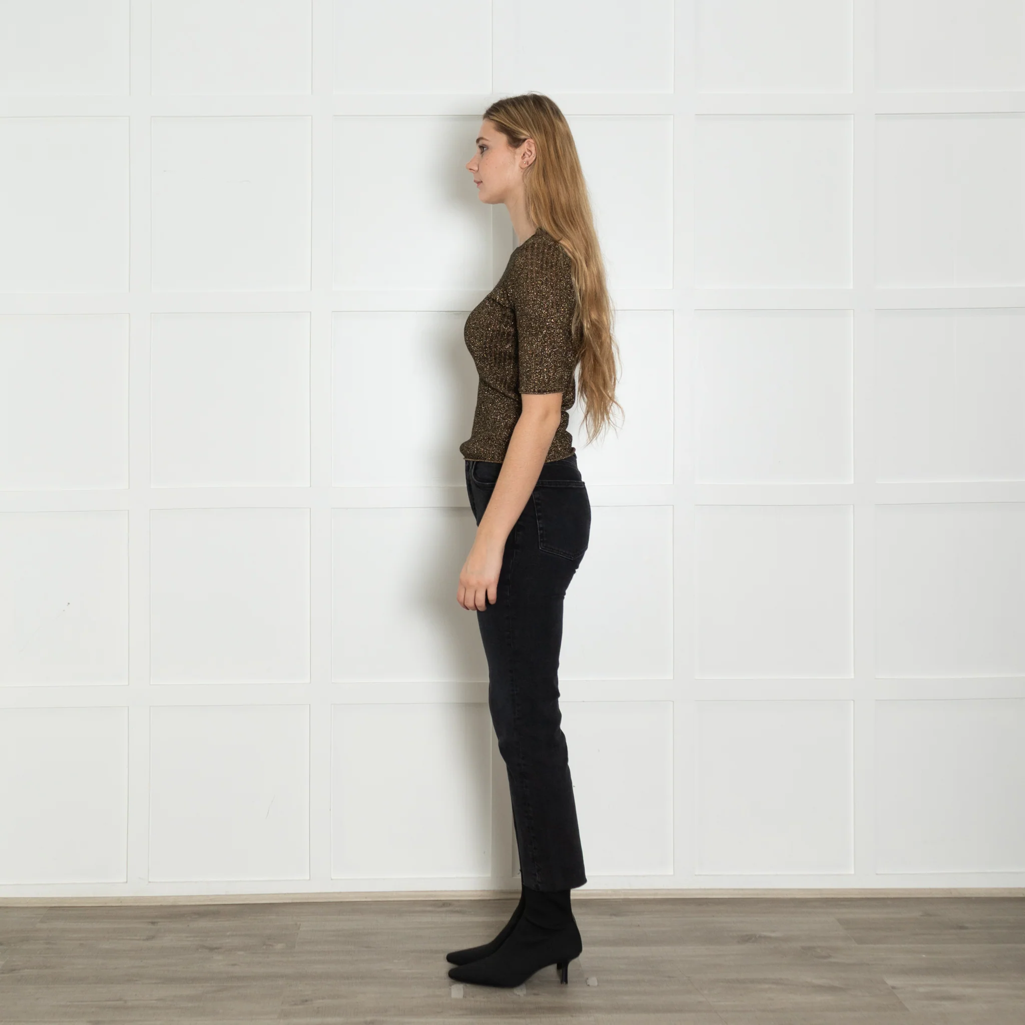 Soeur Brown Gold Lurex Short Sleeved Rib Jumper - Image 4