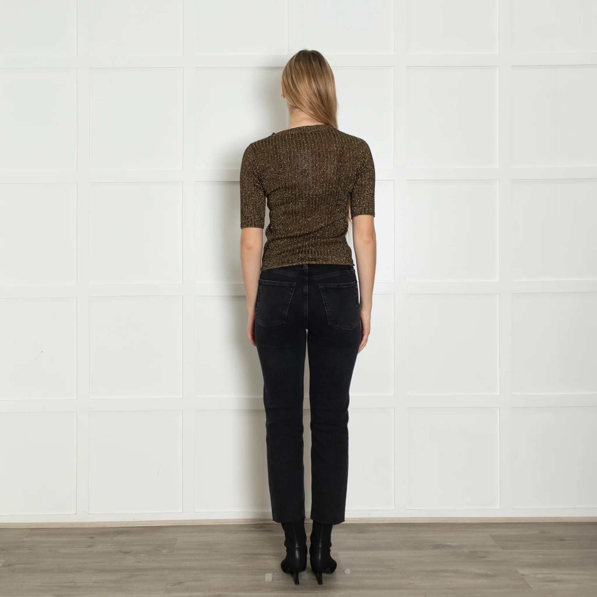 Soeur Brown Gold Lurex Short Sleeved Rib Jumper - Image 5