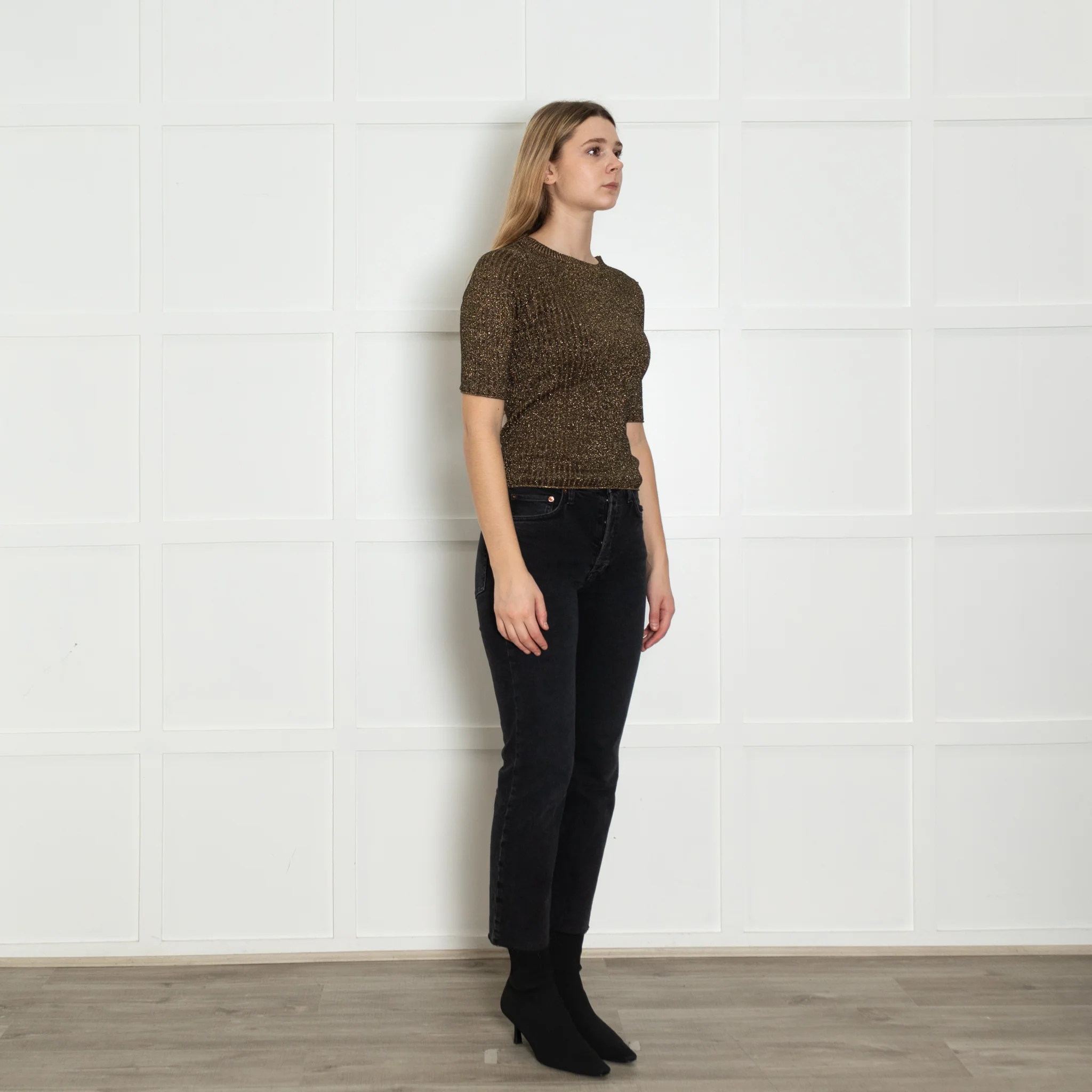 Soeur Brown Gold Lurex Short Sleeved Rib Jumper - Image 7