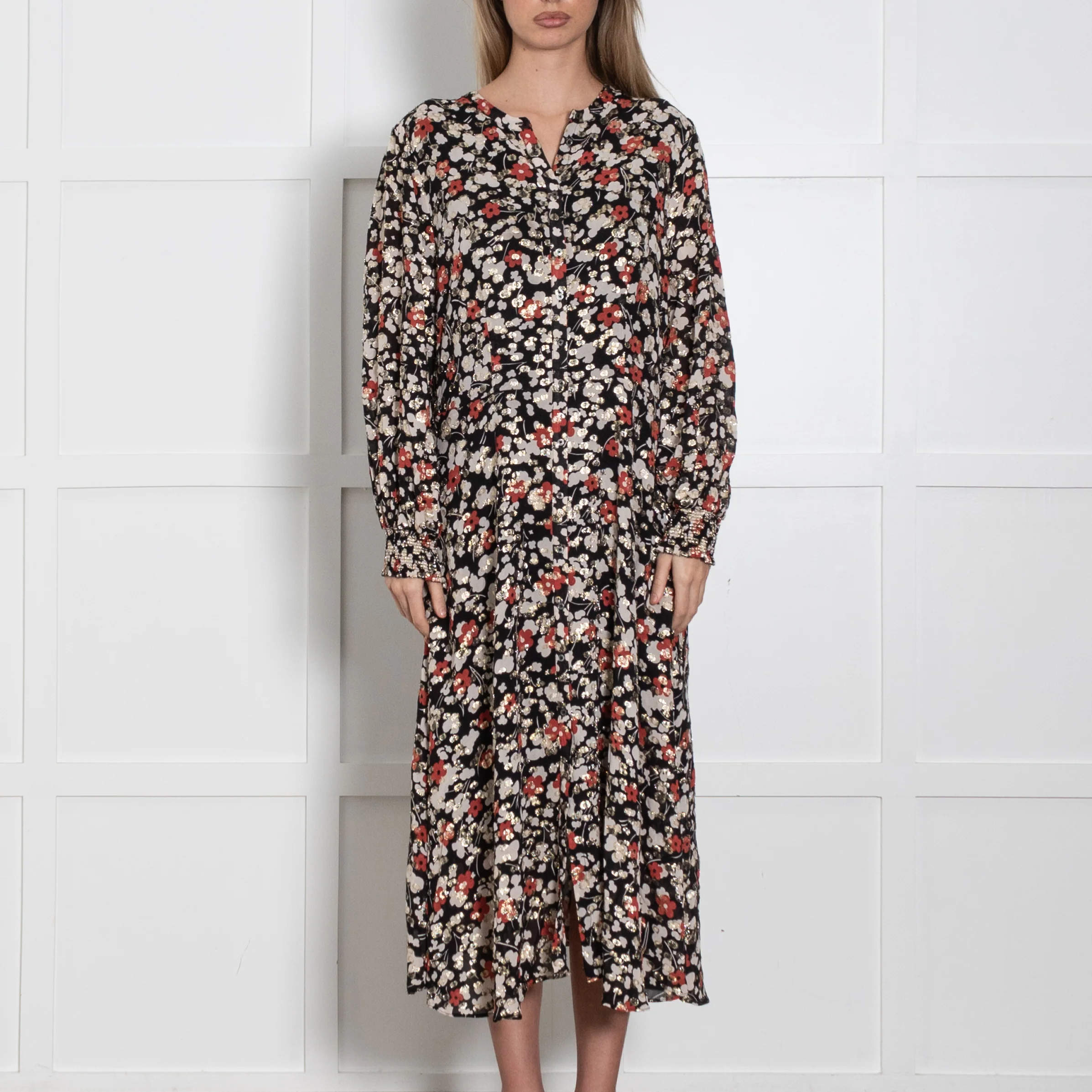 Somerset By Alice Temperley Black Cream Rust Gold Lurex Flower Print Dress - Image 2