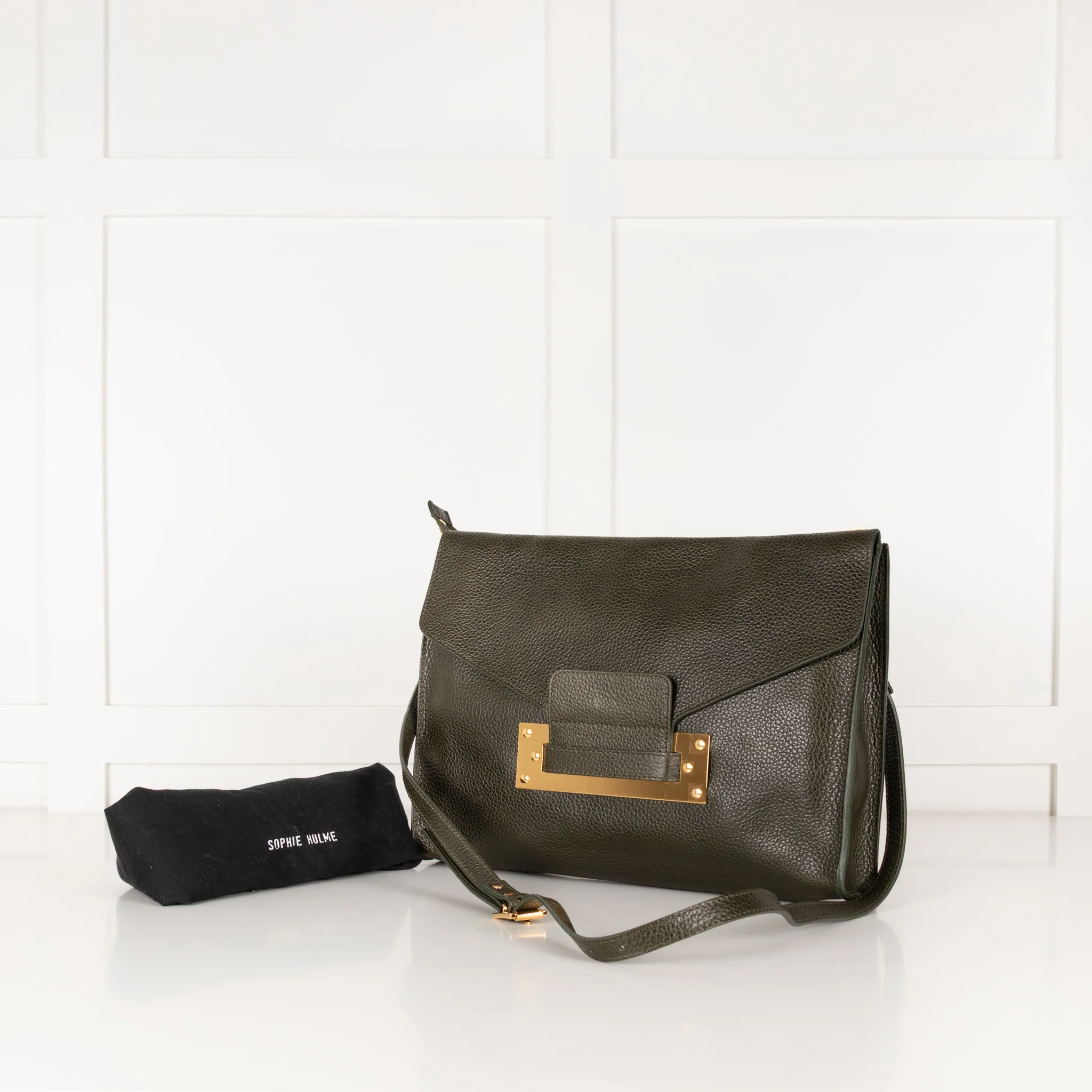 Sophie Hulme Khaki Green Leather Envelope Bag - Image 2