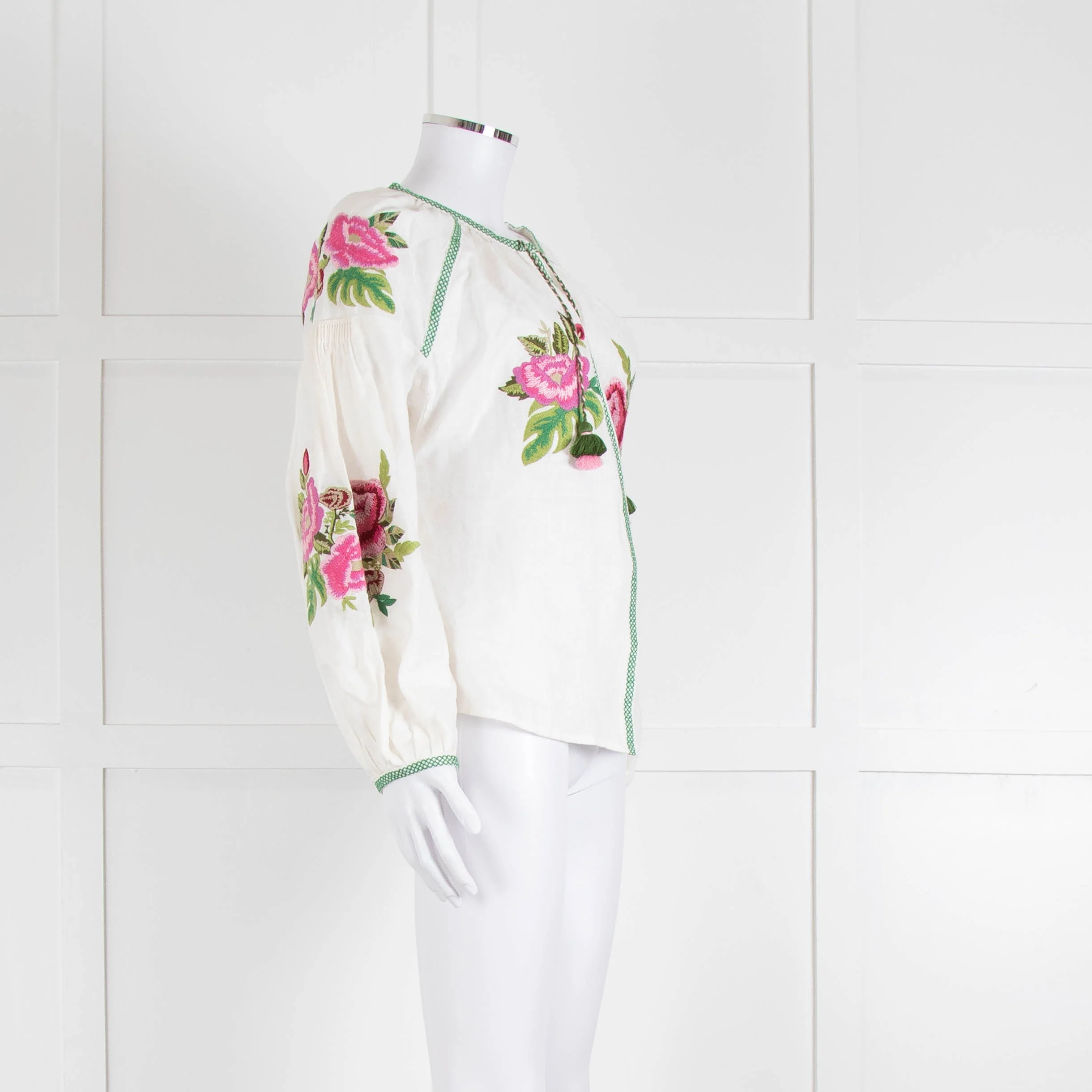 Soto Saint Tropez Linen Peasant Blouse with Embroidered Flowers - Image 2