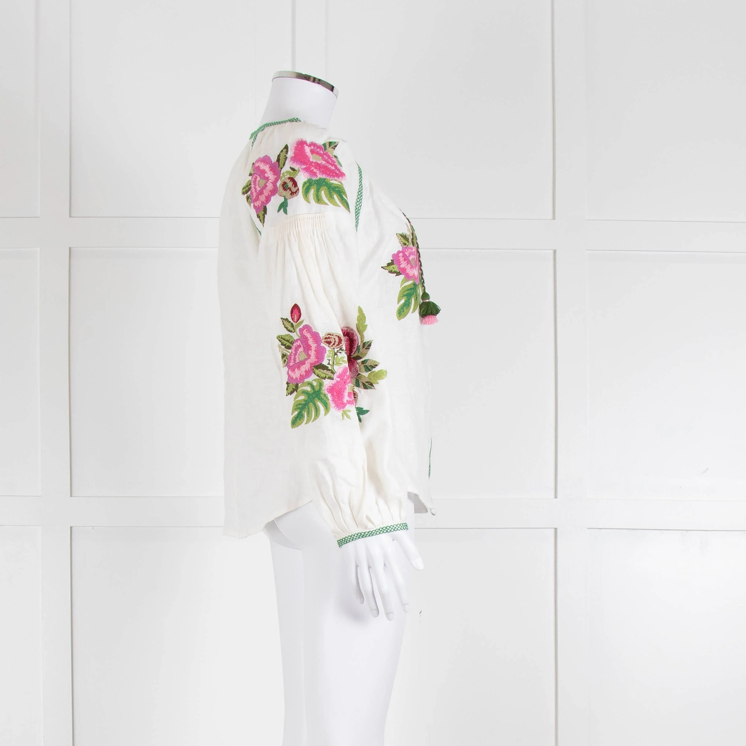 Soto Saint Tropez Linen Peasant Blouse with Embroidered Flowers - Image 3