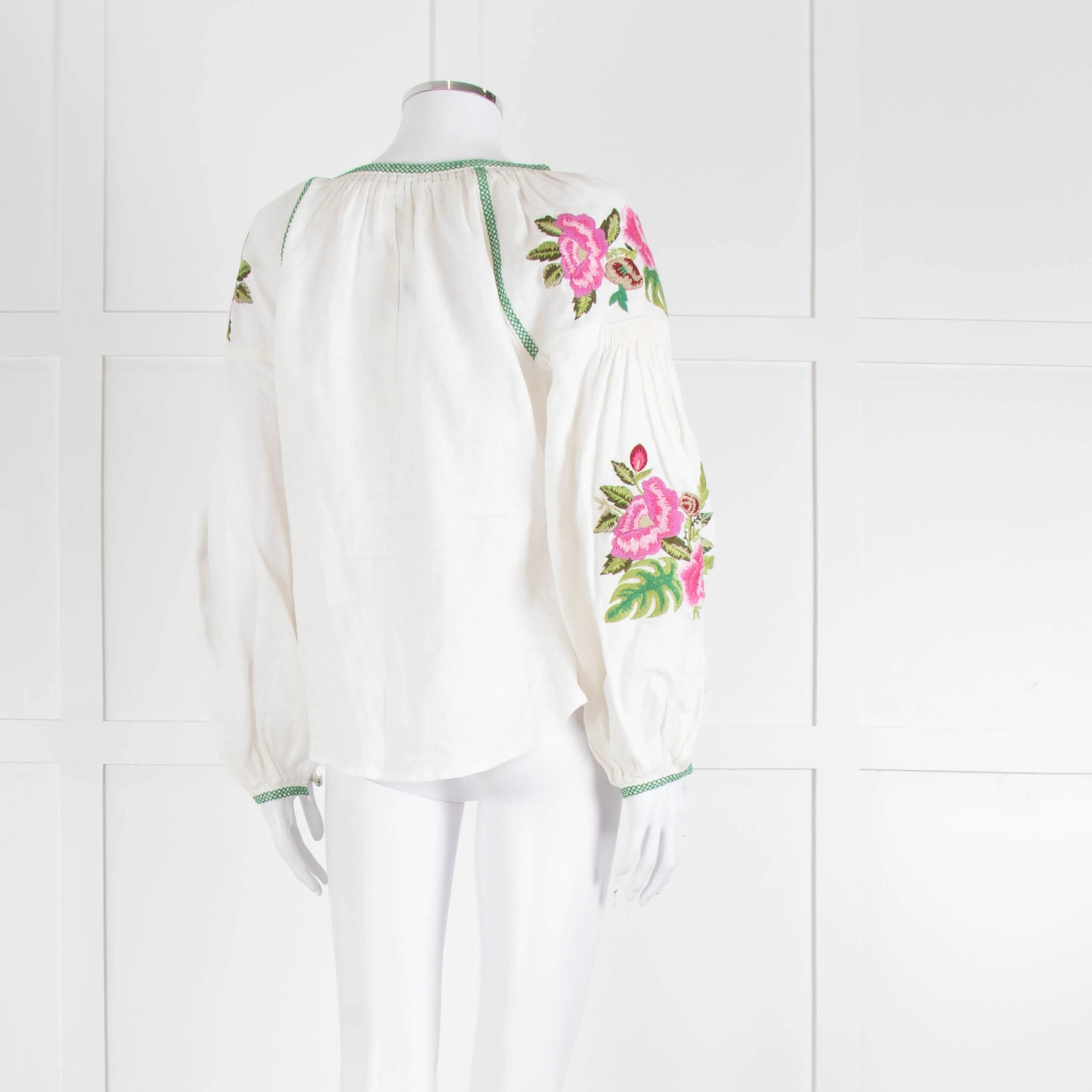 Soto Saint Tropez Linen Peasant Blouse with Embroidered Flowers - Image 4