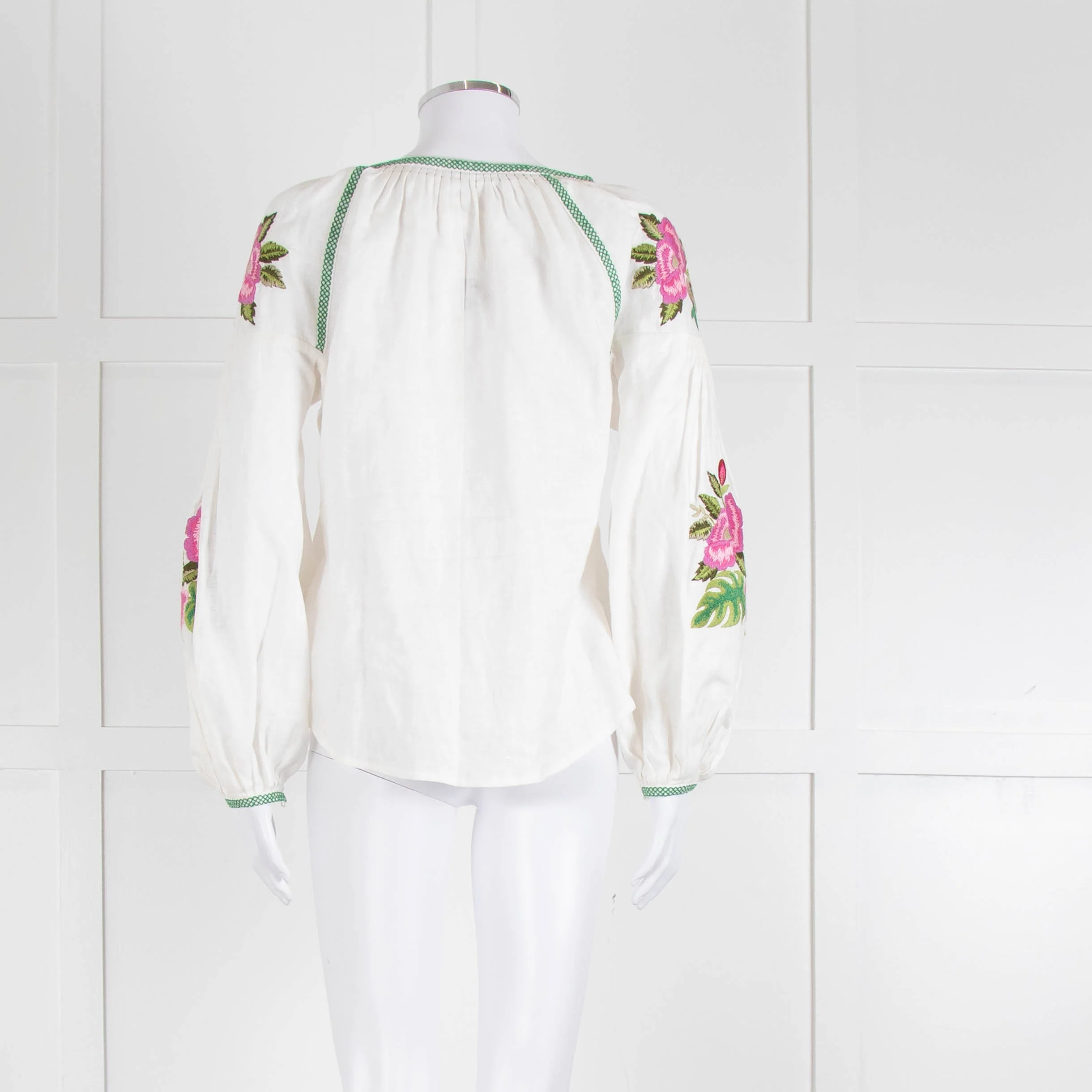 Soto Saint Tropez Linen Peasant Blouse with Embroidered Flowers - Image 5