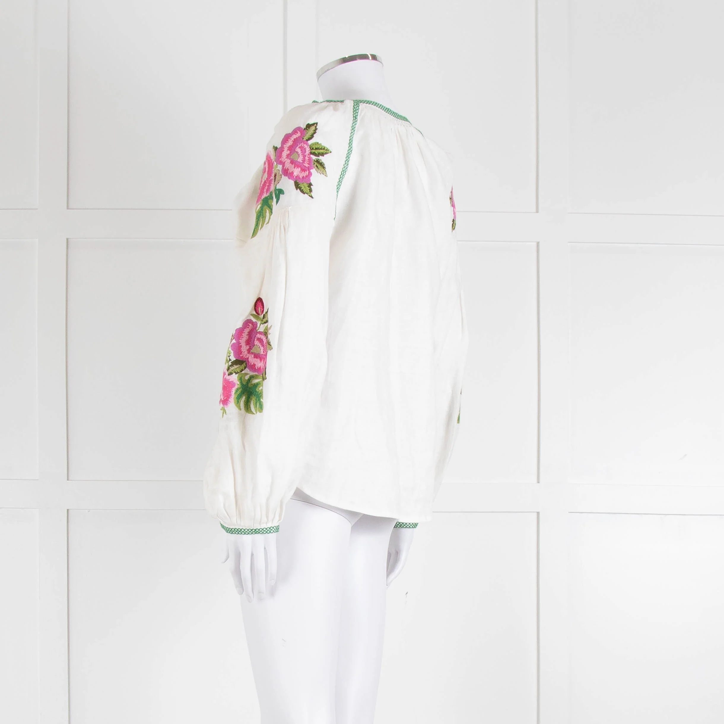 Soto Saint Tropez Linen Peasant Blouse with Embroidered Flowers - Image 6