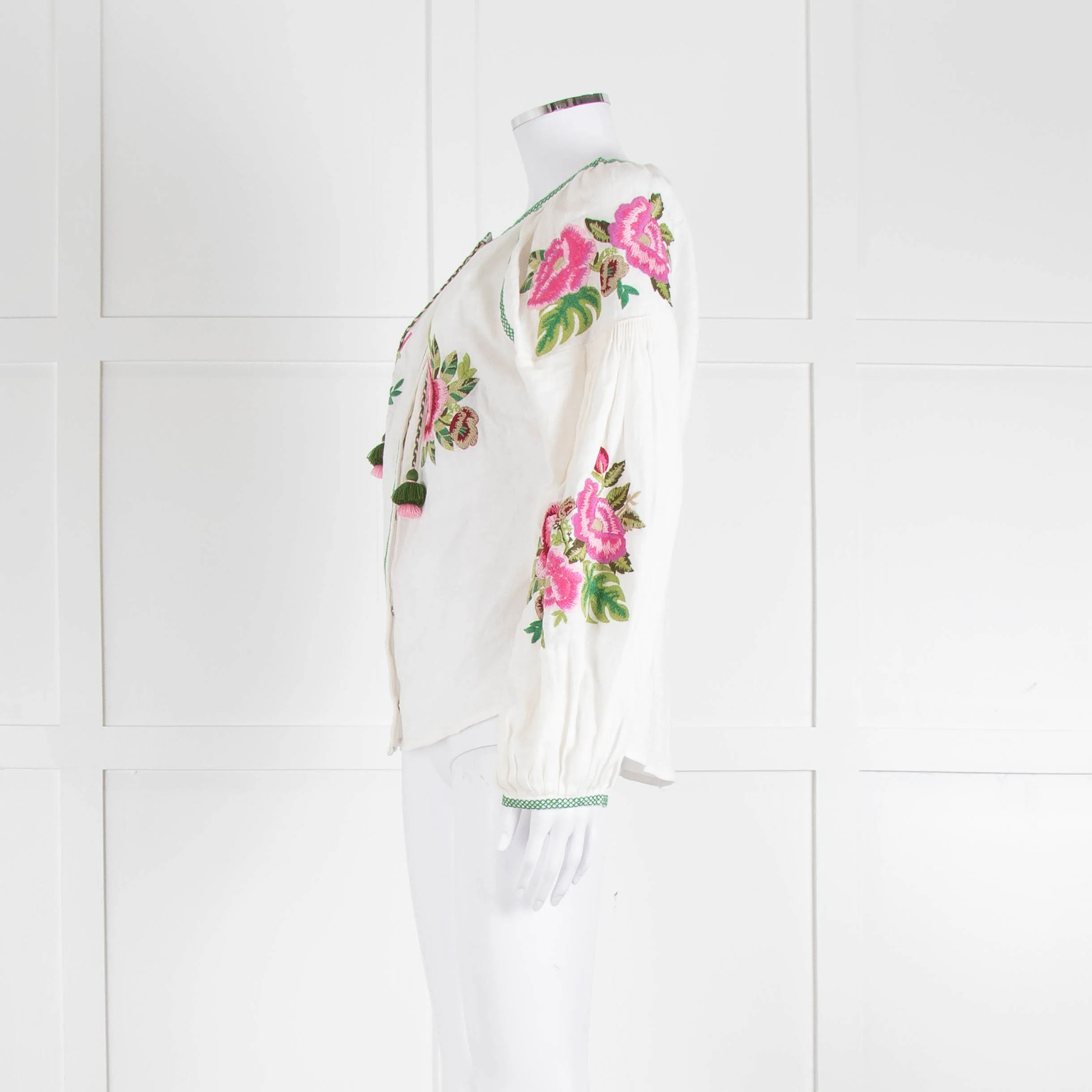 Soto Saint Tropez Linen Peasant Blouse with Embroidered Flowers - Image 7