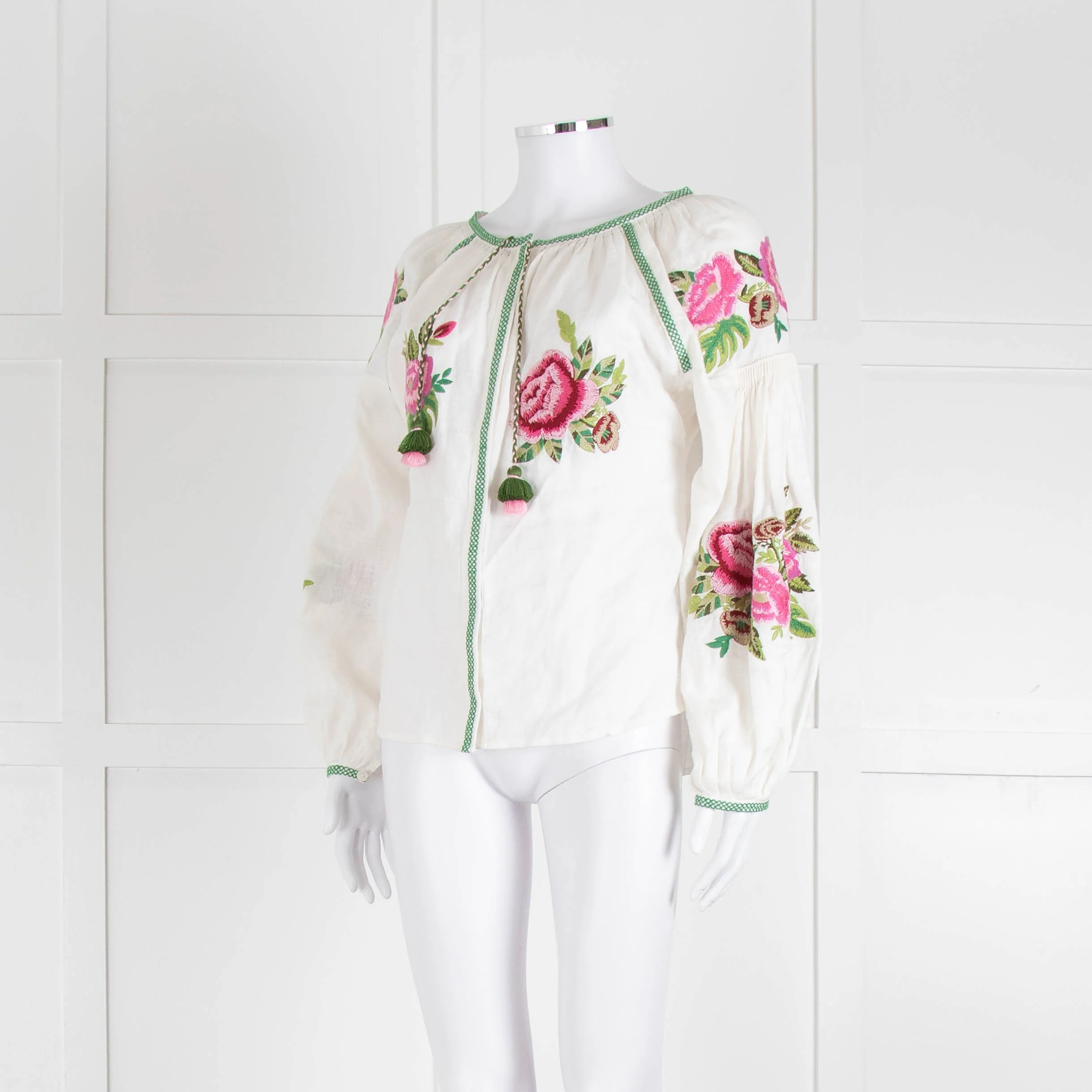 Soto Saint Tropez Linen Peasant Blouse with Embroidered Flowers - Image 8