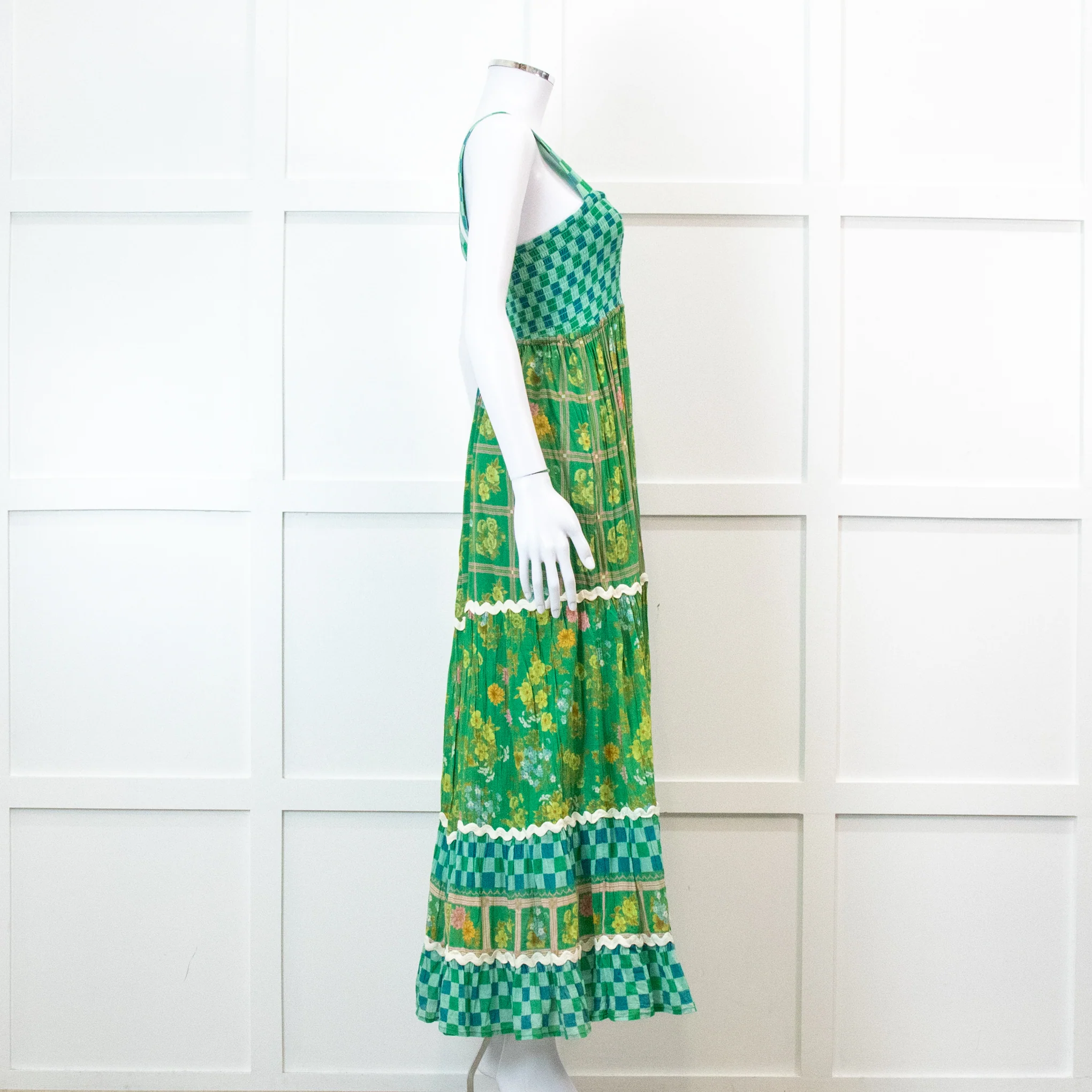 Spell Green Floral And Check Maxi Tiered Dress - Image 3