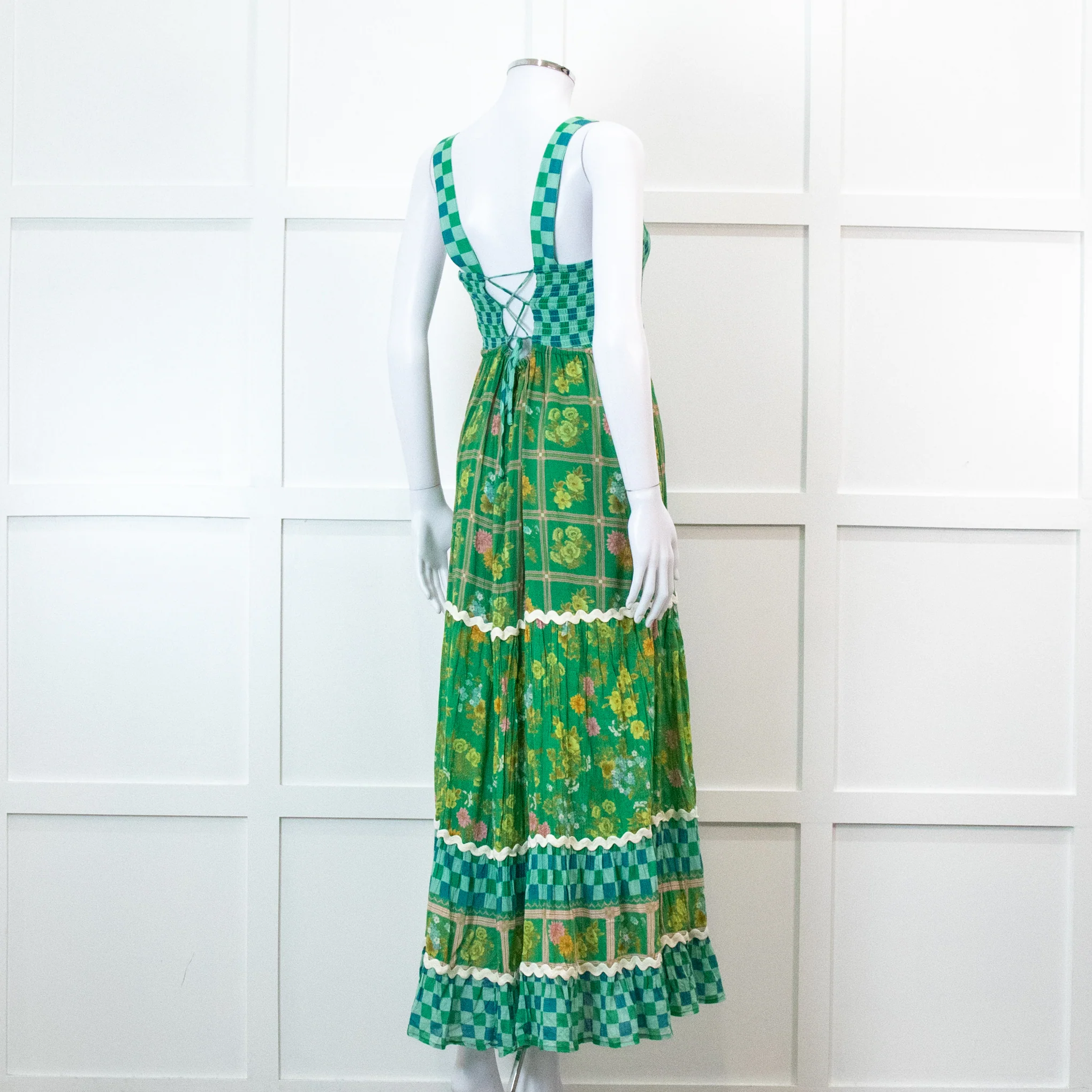 Spell Green Floral And Check Maxi Tiered Dress - Image 4