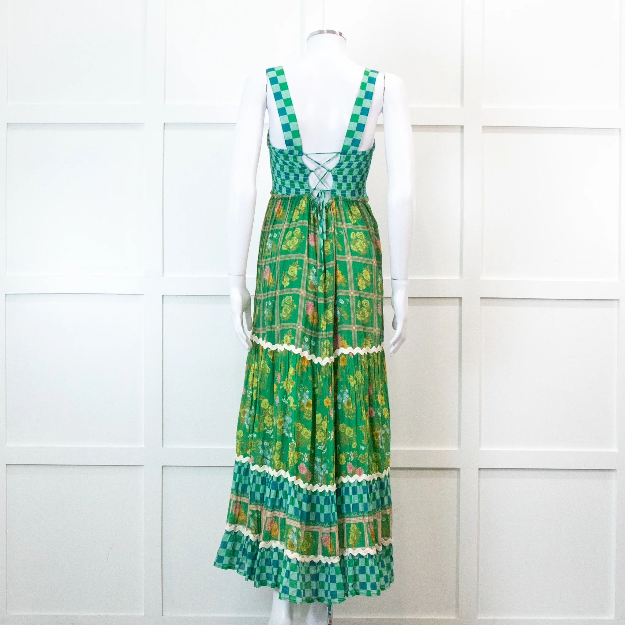Spell Green Floral And Check Maxi Tiered Dress - Image 5