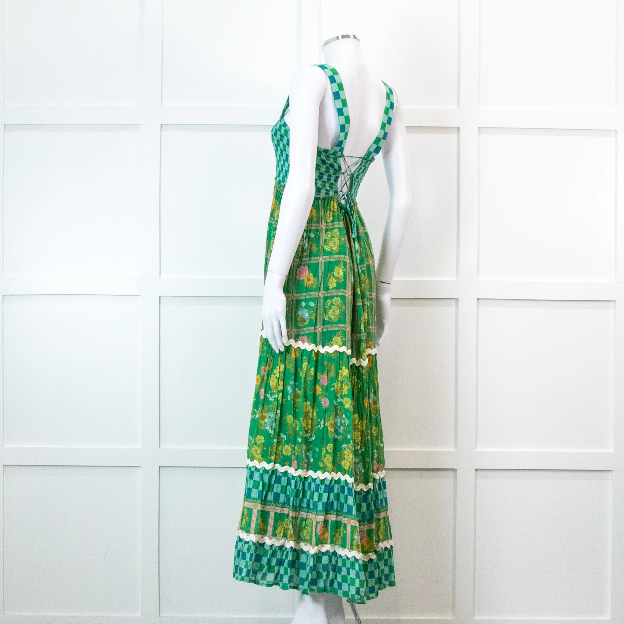 Spell Green Floral And Check Maxi Tiered Dress - Image 6