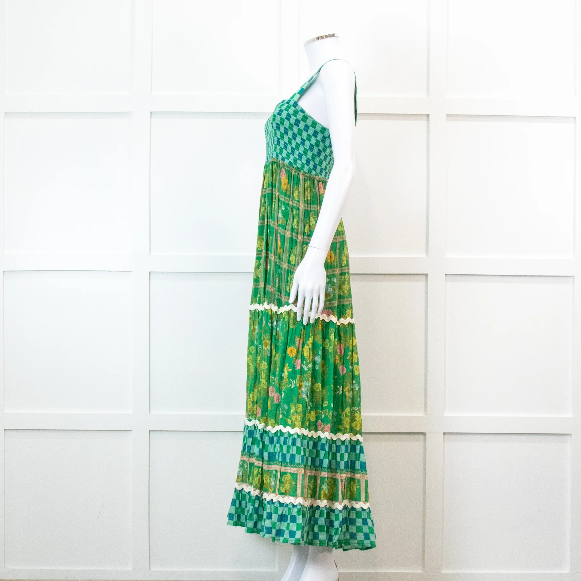 Spell Green Floral And Check Maxi Tiered Dress - Image 7