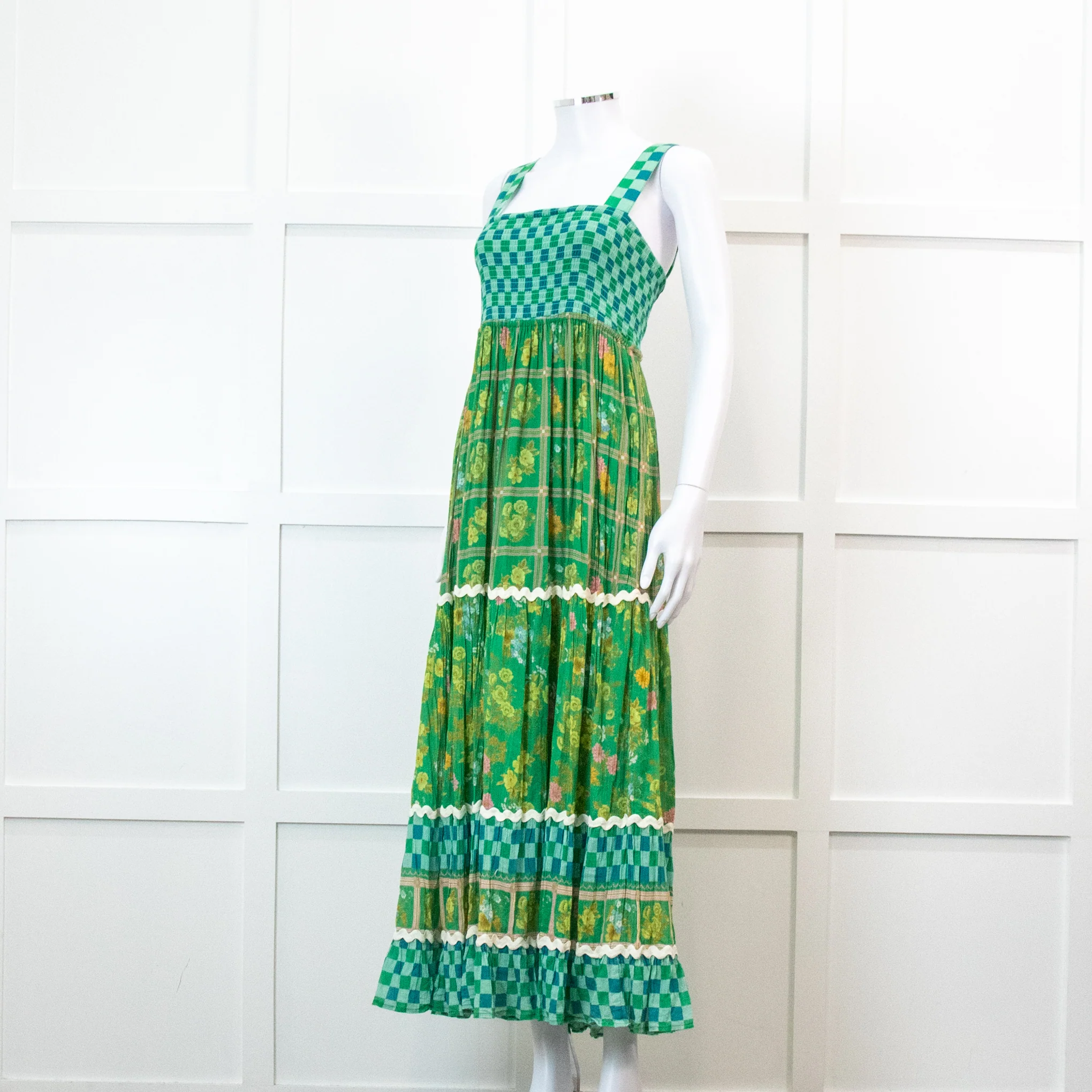 Spell Green Floral And Check Maxi Tiered Dress - Image 8