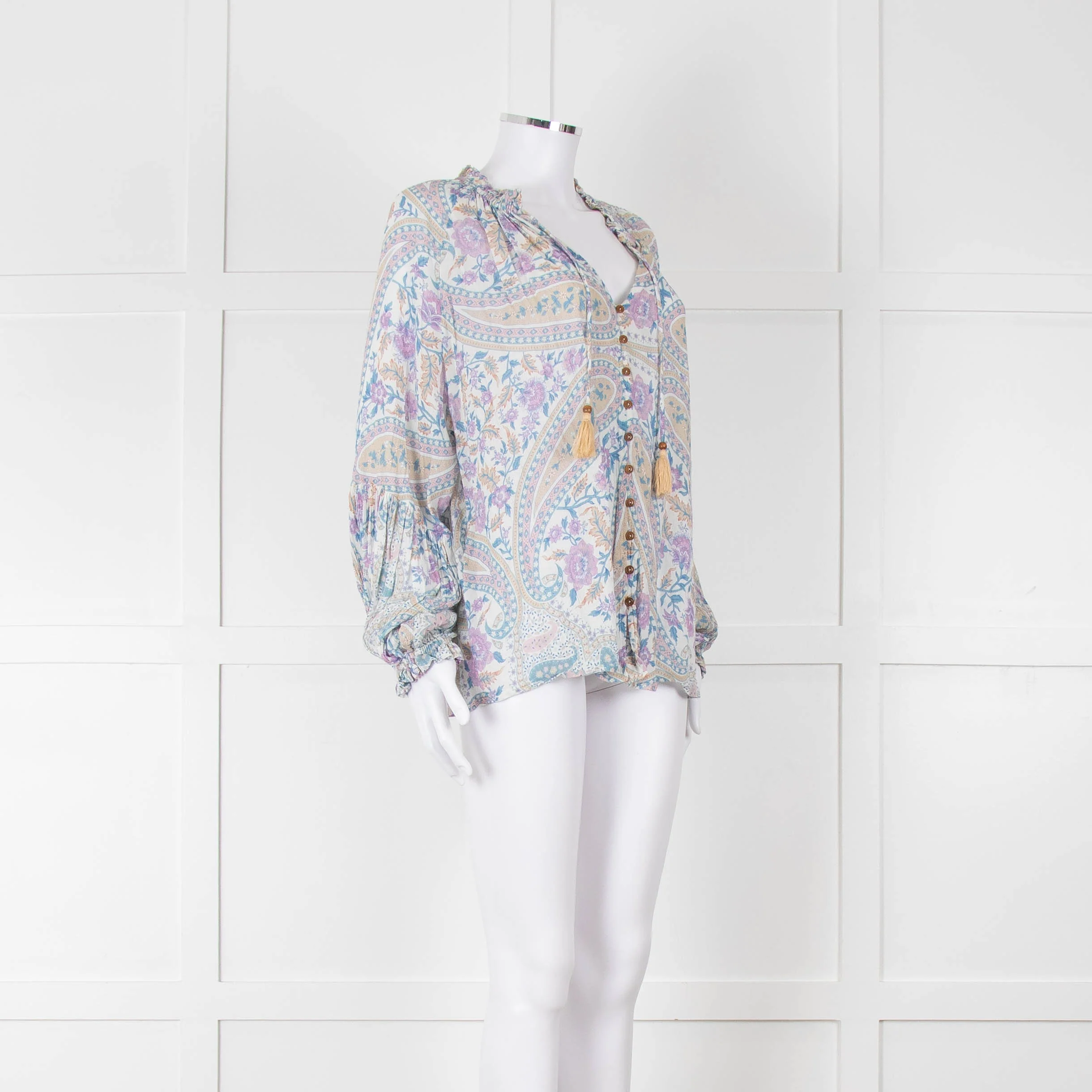 Spell Multicoloured Floral L/Sleeve Cotton Top With Tassels - Image 2