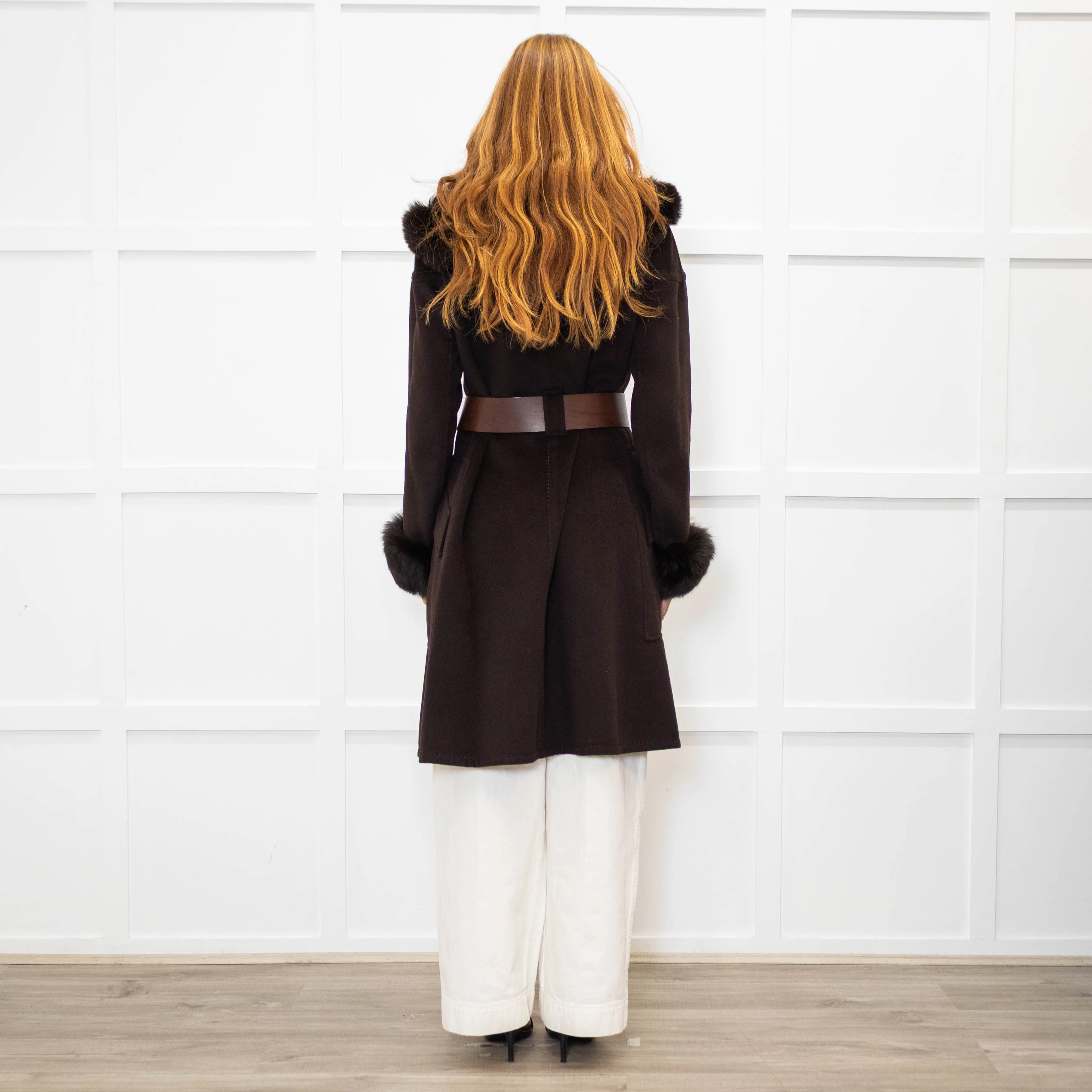 Sportmax Brown Fur Trim Hooded Belted Coat - Image 5