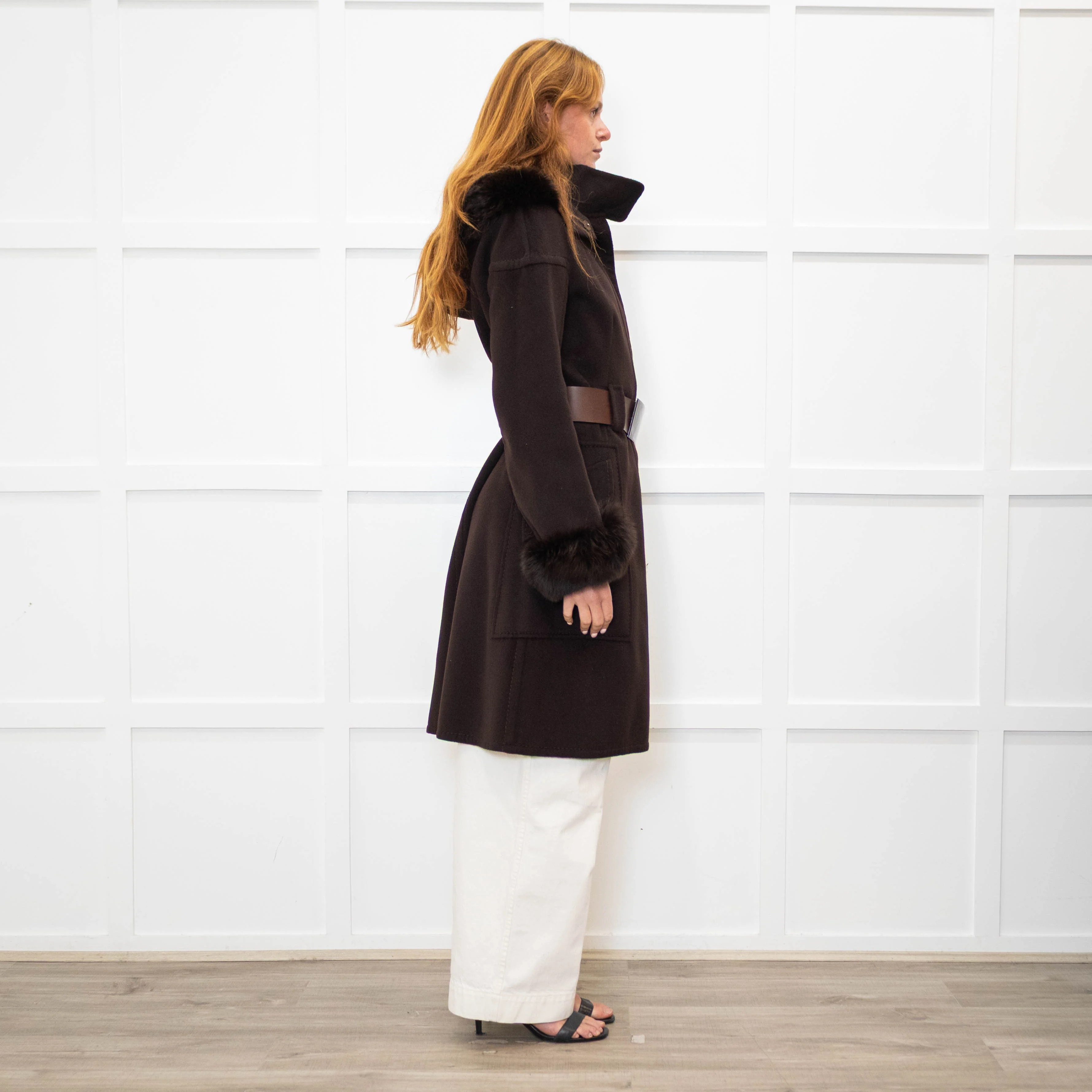 Sportmax Brown Fur Trim Hooded Belted Coat - Image 6