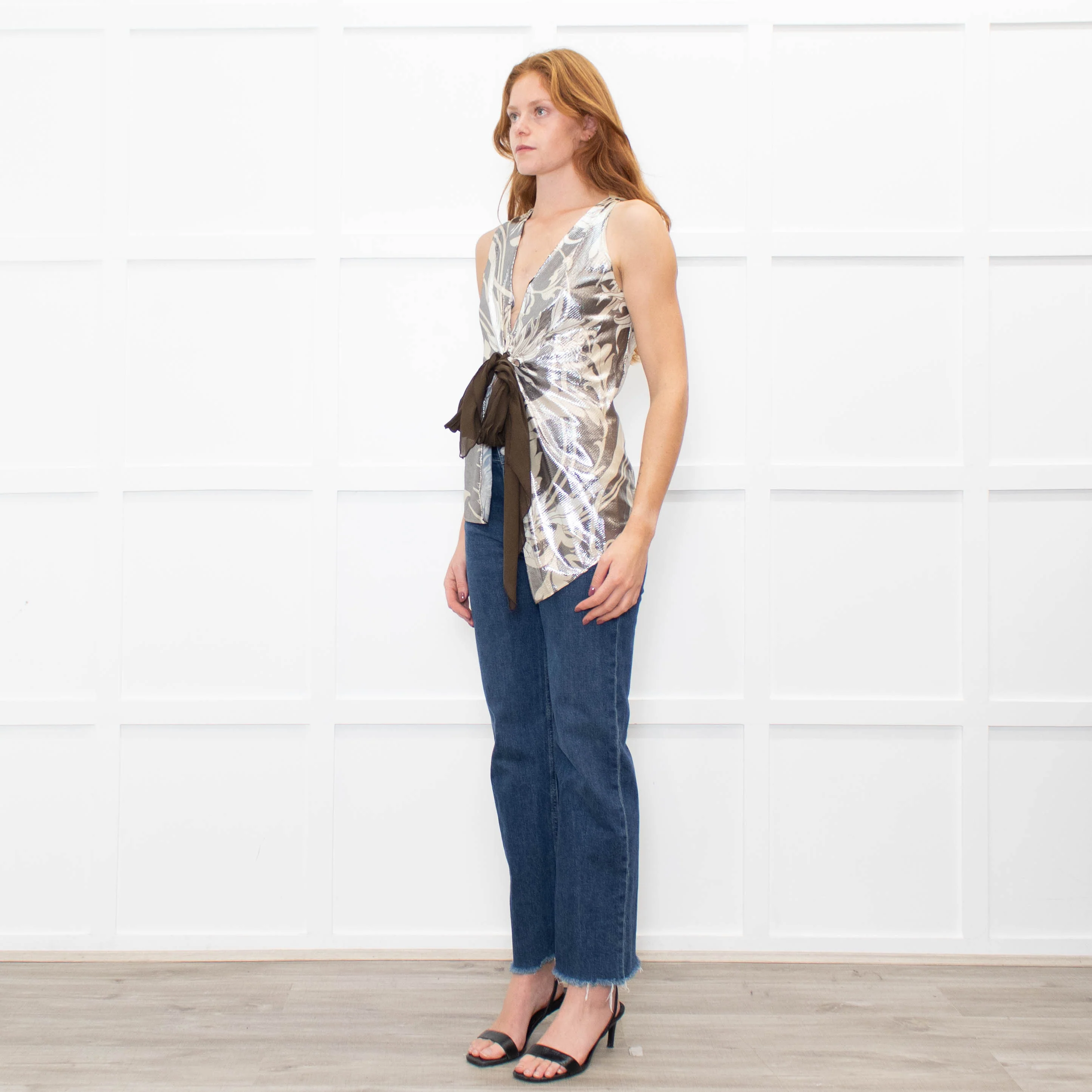 Sportmax Metallic Floral Sleeveless Tie Up Front Top - Image 3