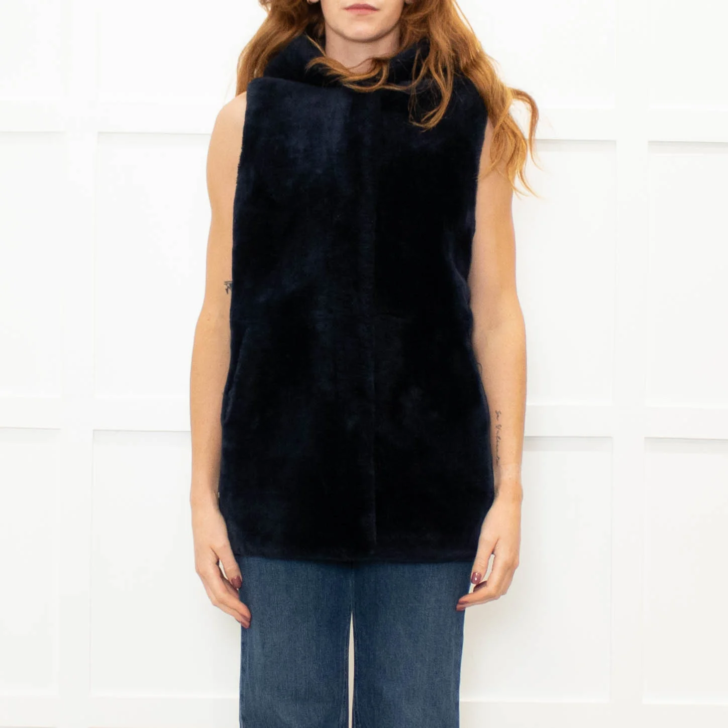 Sprung Freres Navy Shearling Hooded Gilet - Image 2