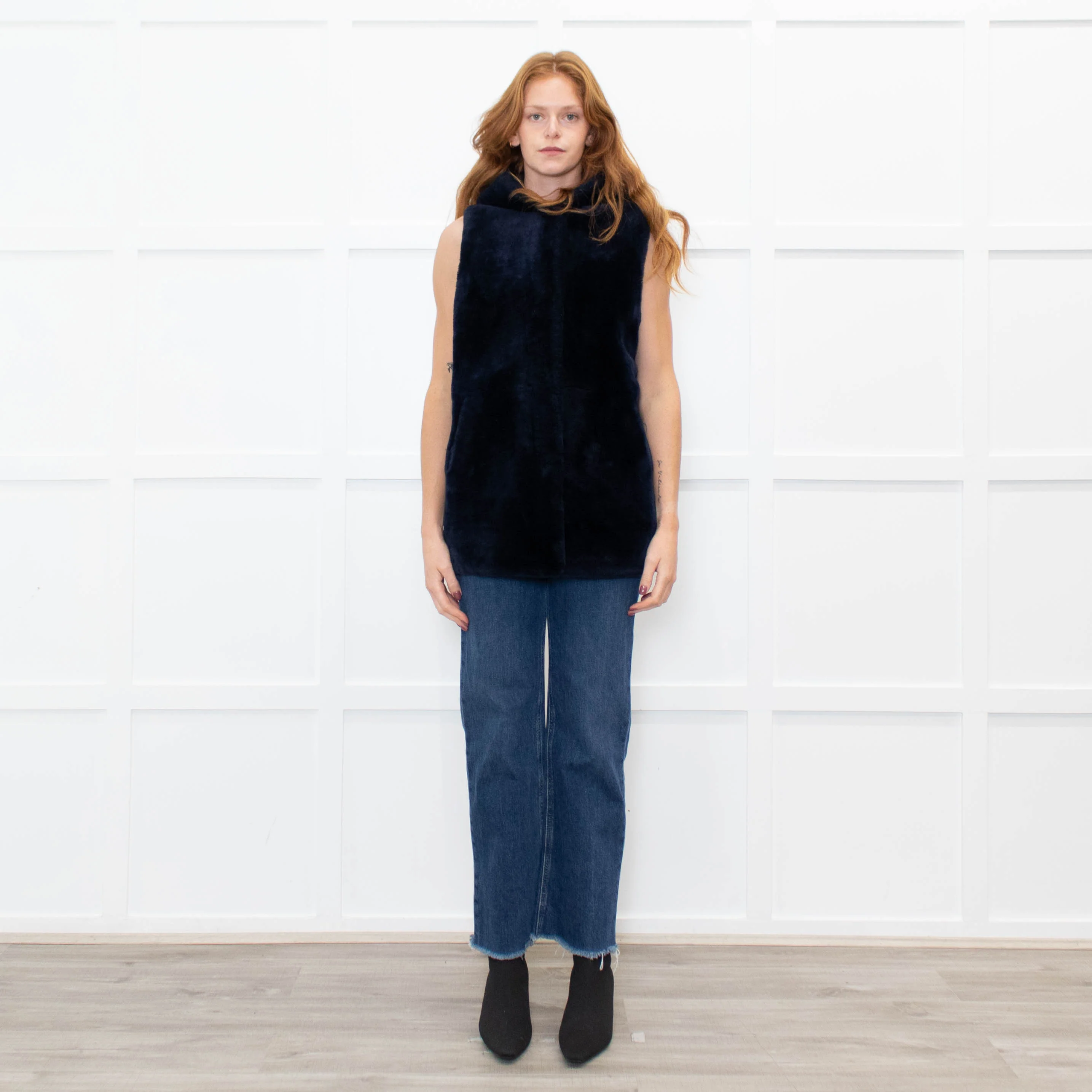 Sprung Freres Navy Shearling Hooded Gilet - Image 3