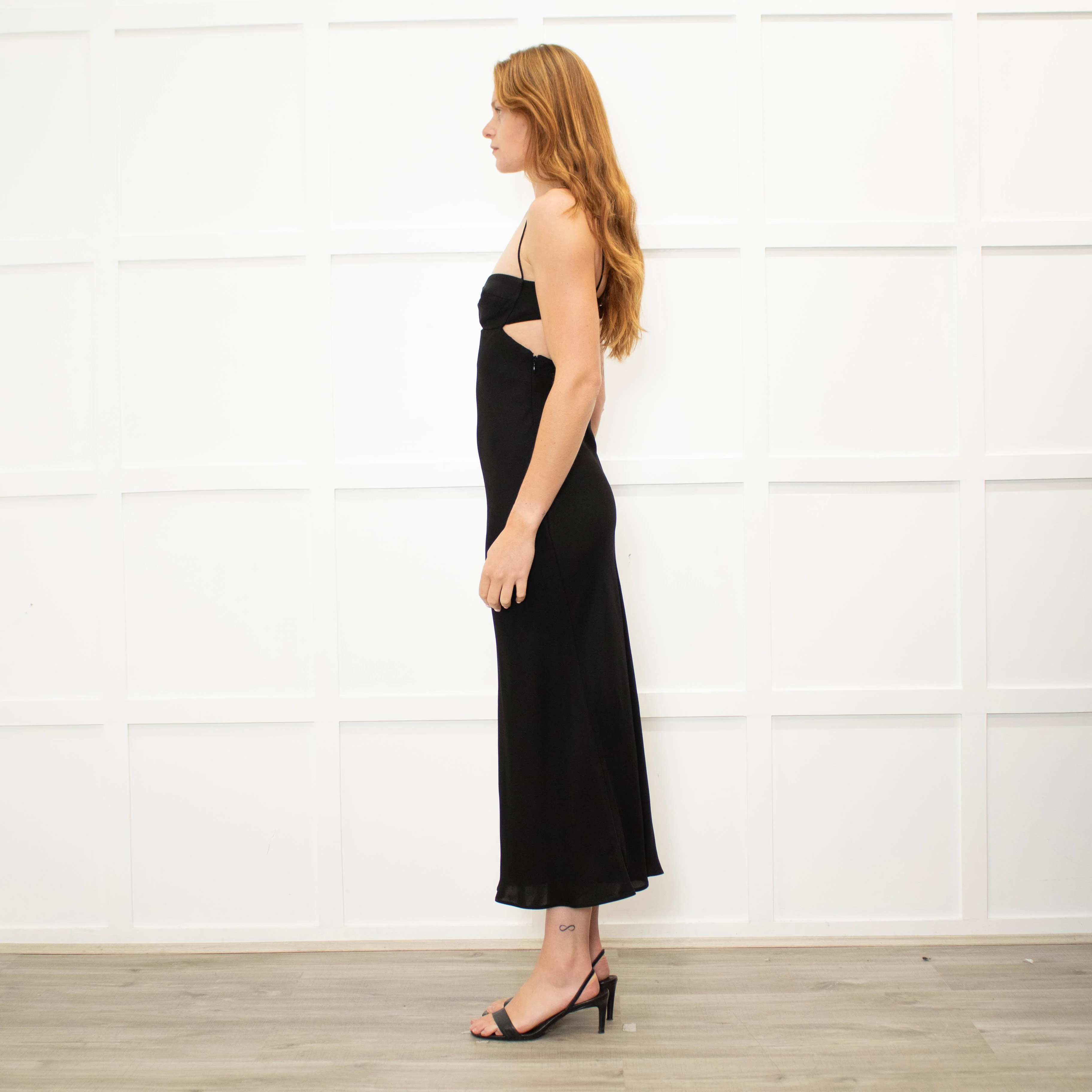 St Agni Black Cutaway Midi Dress with Spaghetti Straps - Image 4
