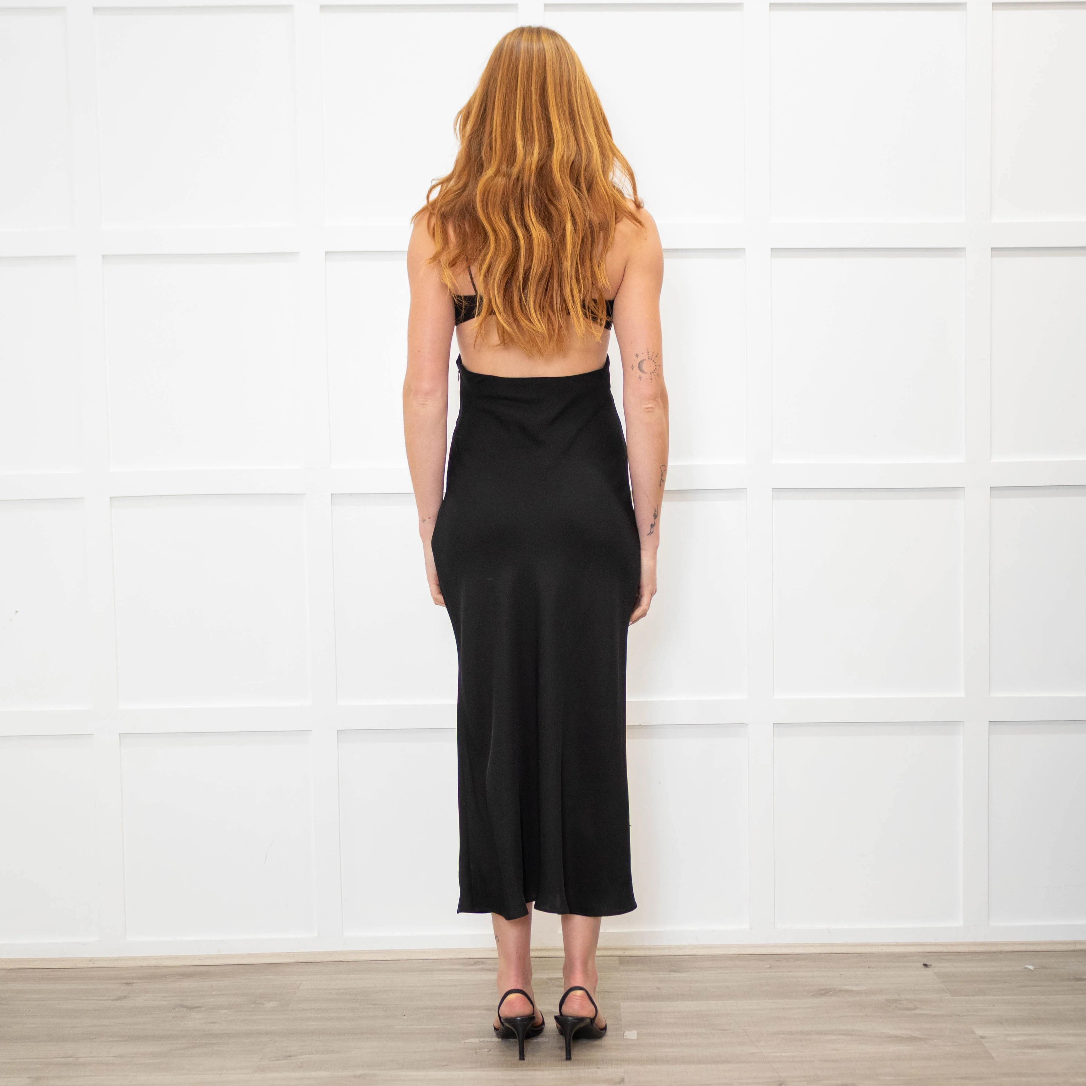 St Agni Black Cutaway Midi Dress with Spaghetti Straps - Image 5