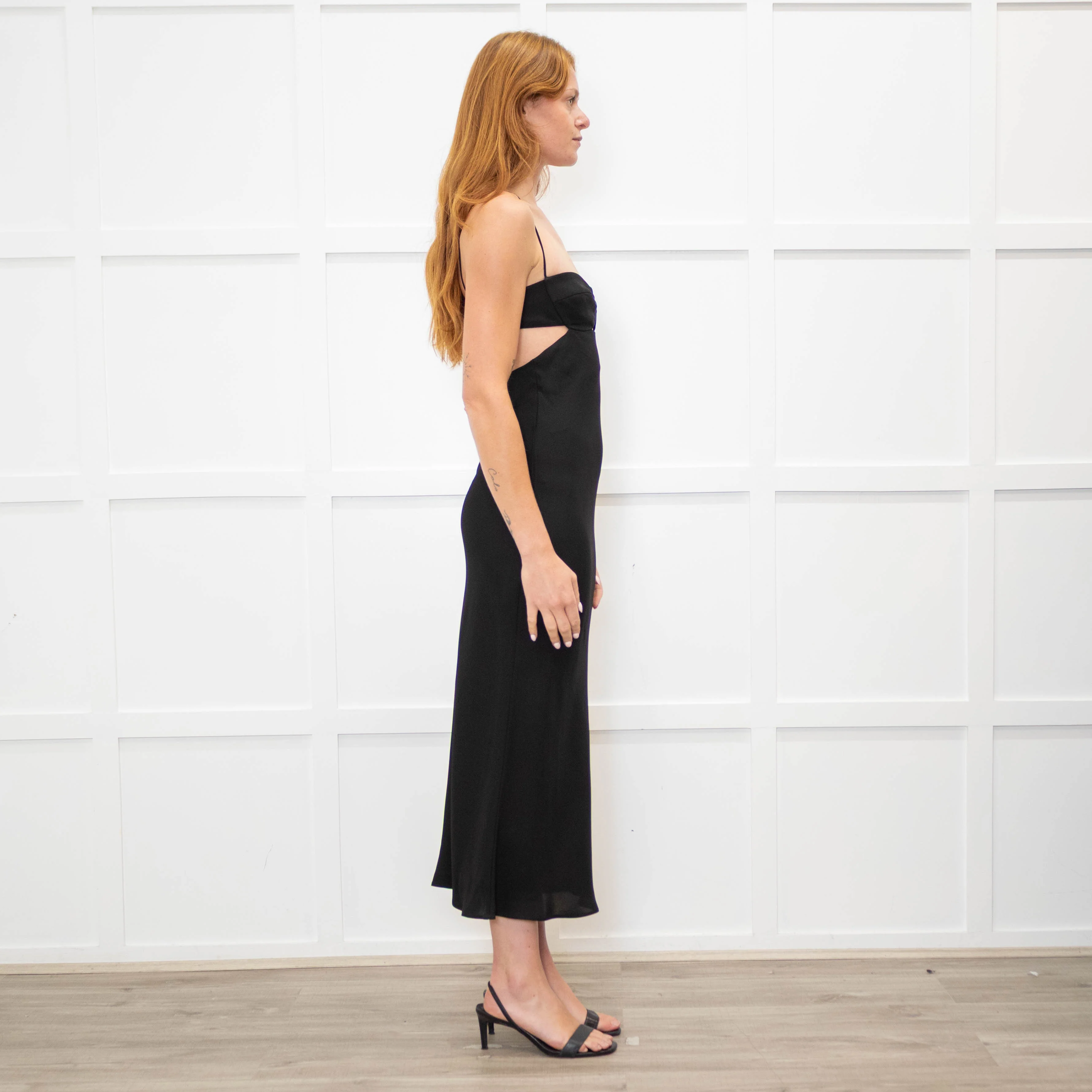 St Agni Black Cutaway Midi Dress with Spaghetti Straps - Image 6