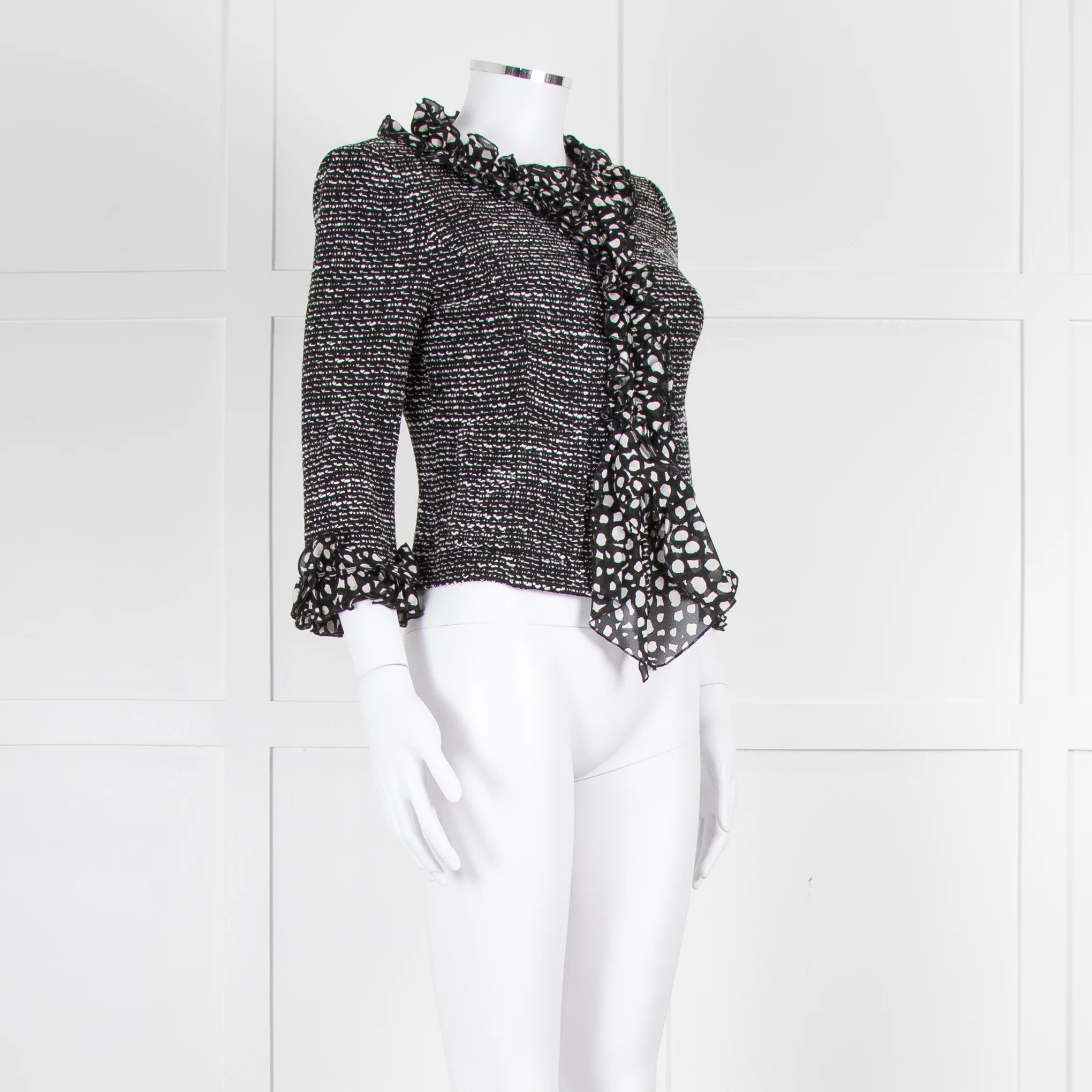 St John Black White Knit Frill Trim Jacket - Image 2