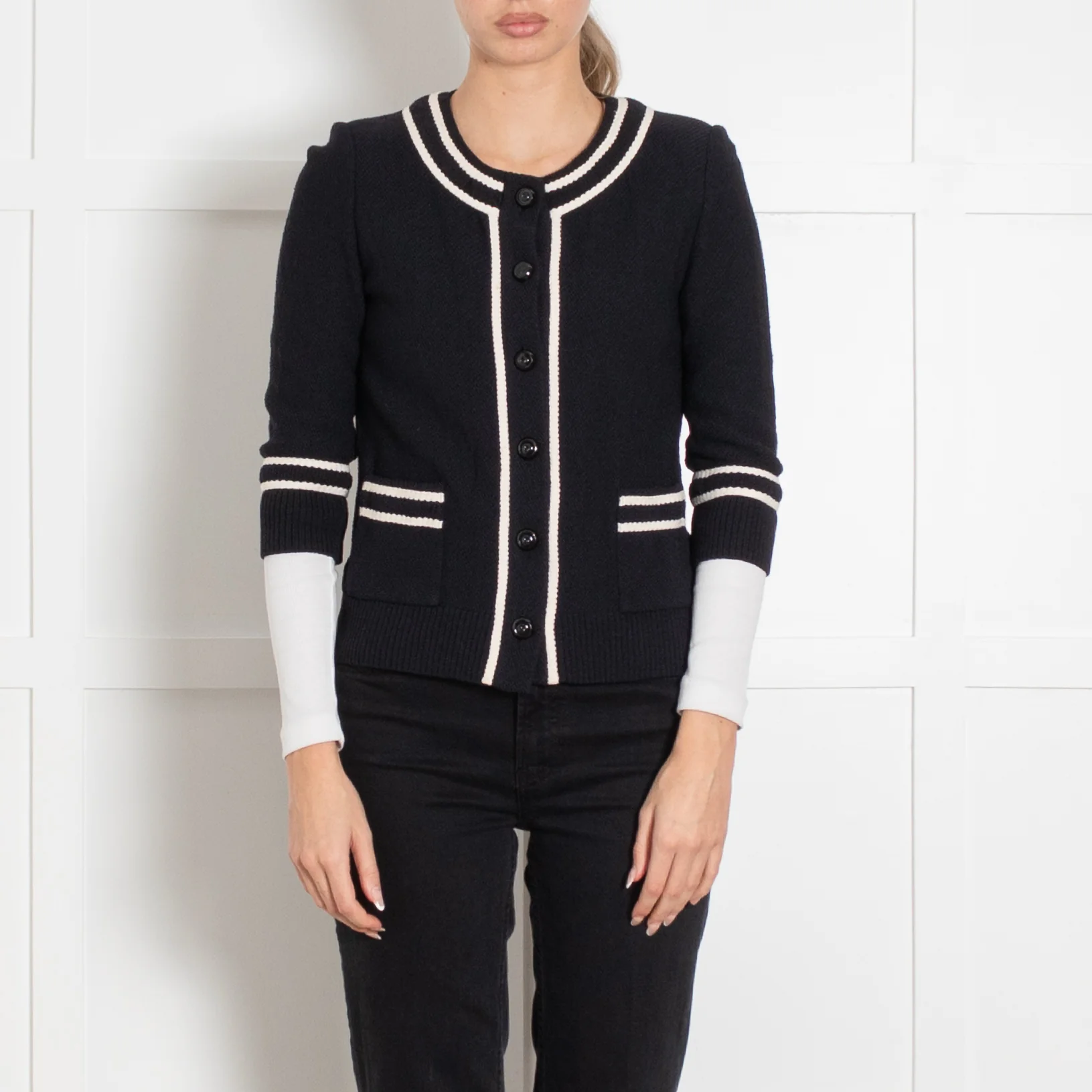 St John Navy Blue Cream Trim Cardigan - Image 2