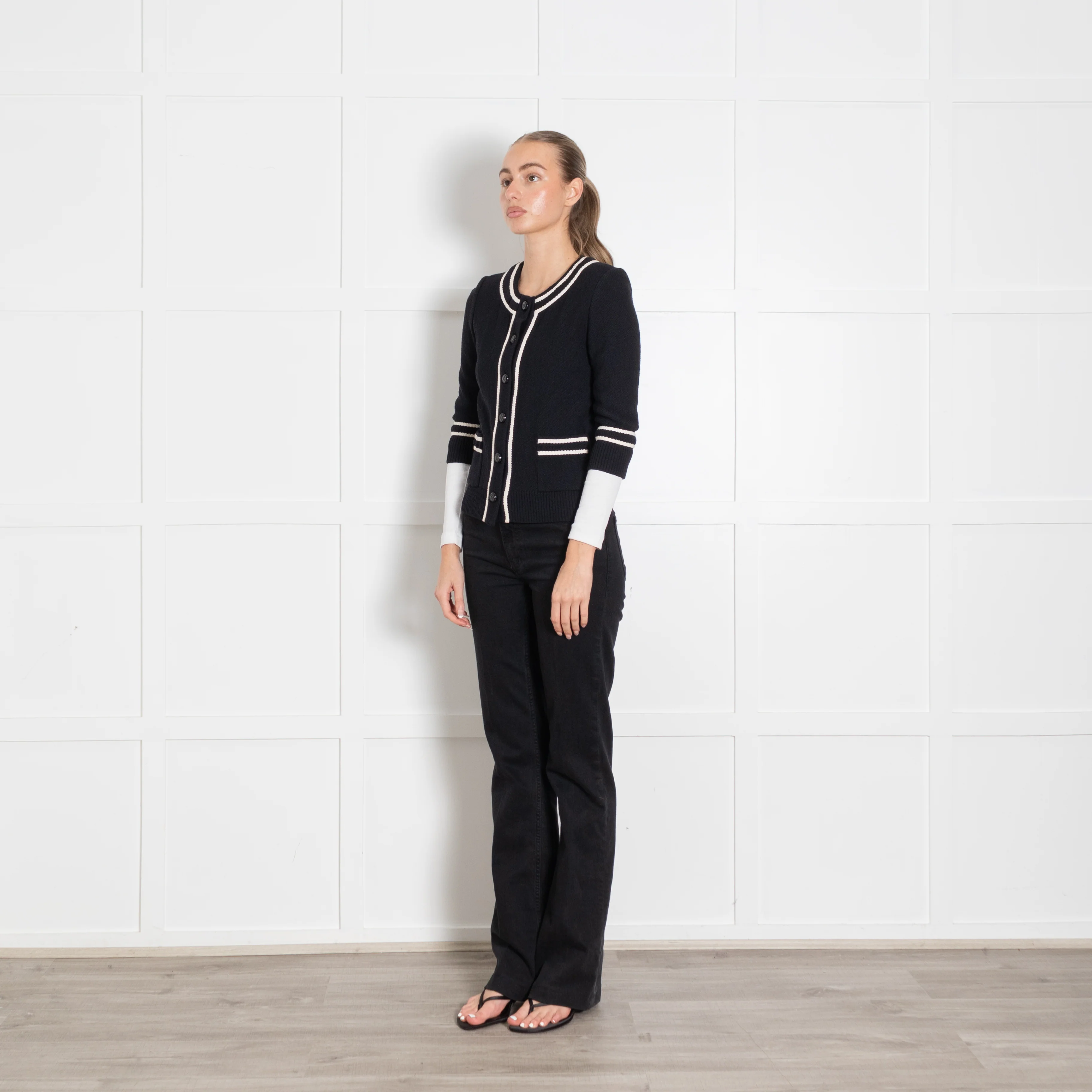 St John Navy Blue Cream Trim Cardigan - Image 3