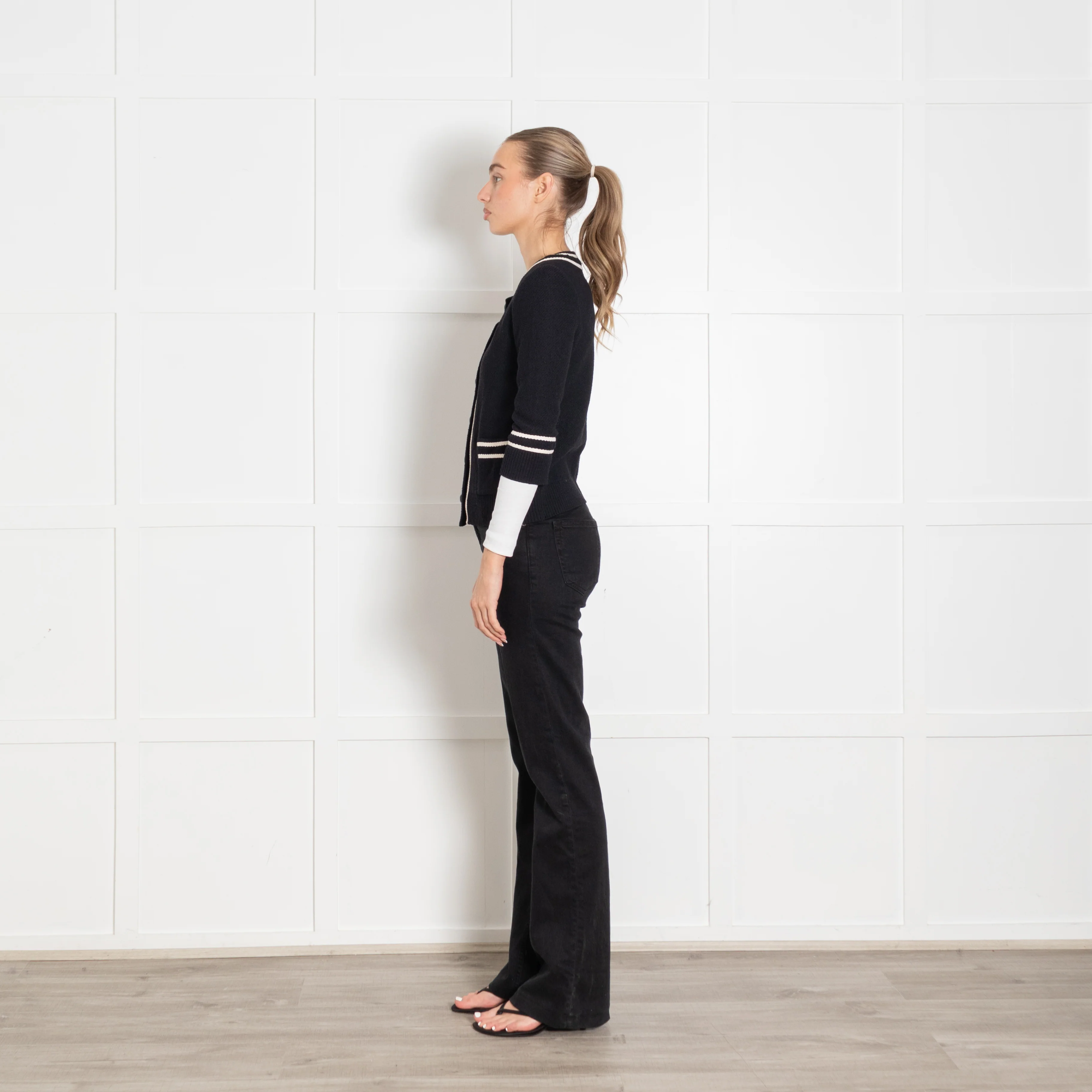 St John Navy Blue Cream Trim Cardigan - Image 4