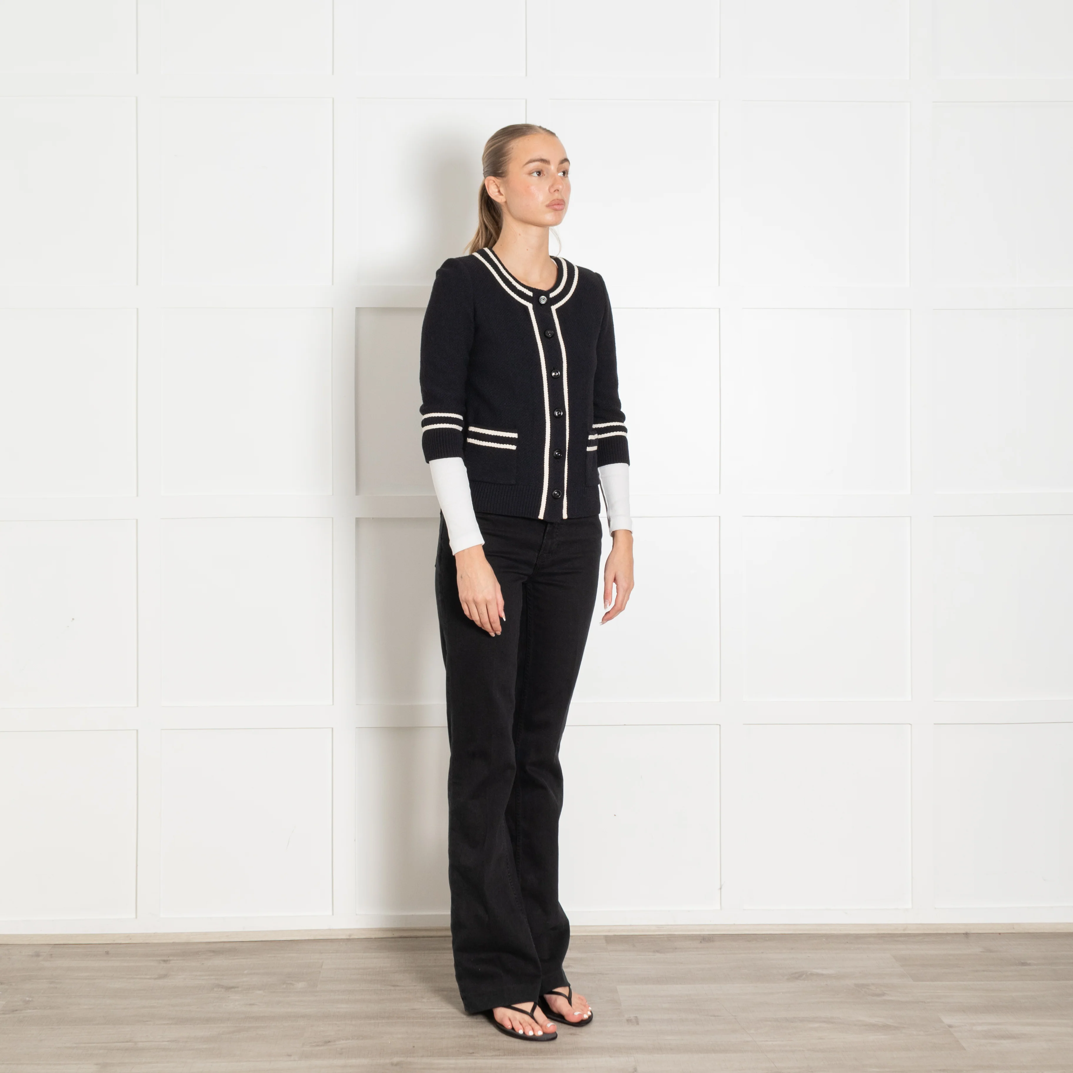 St John Navy Blue Cream Trim Cardigan - Image 7